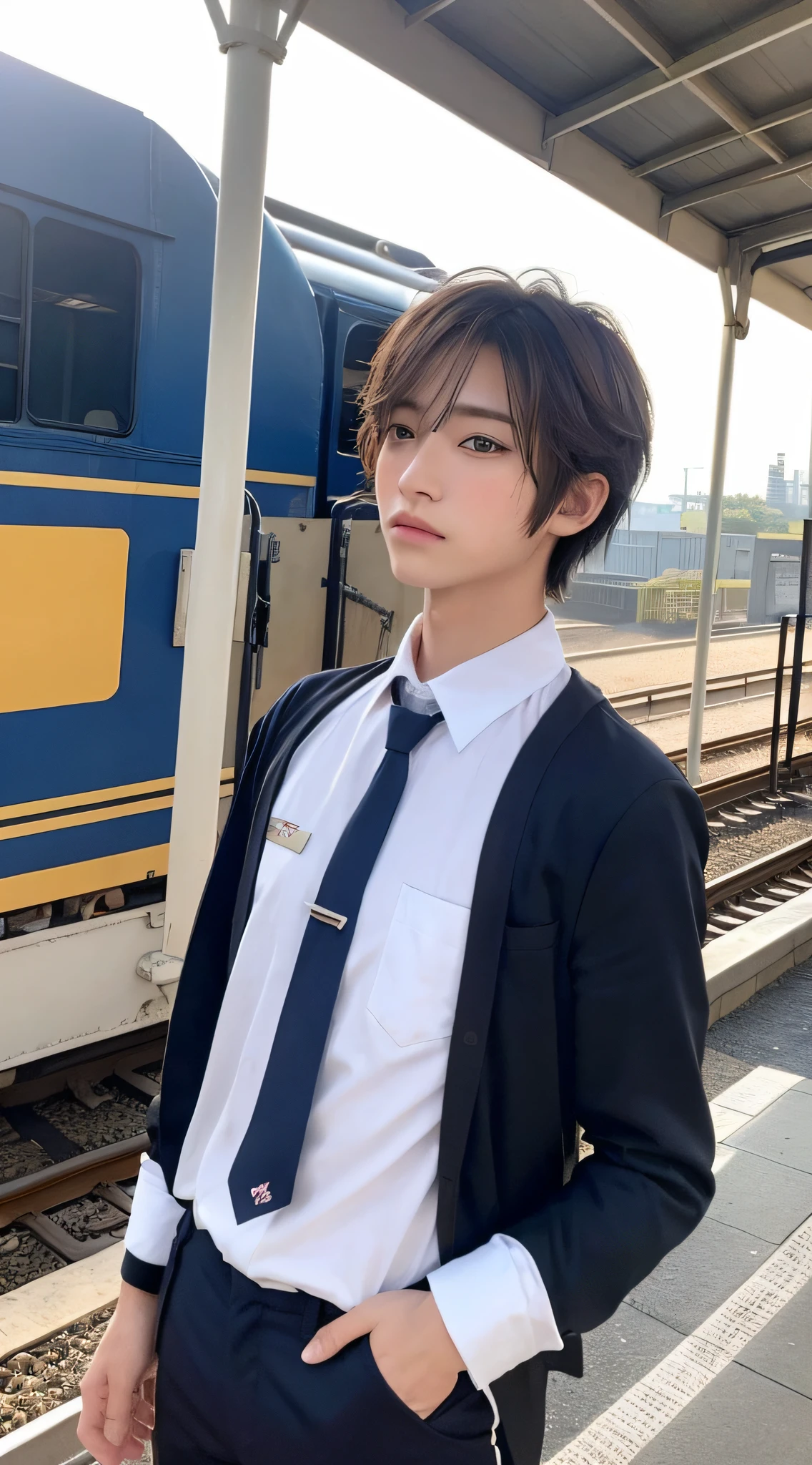 (Top Quality, 8k, Masterpiece: 1.4)), Profile waiting for train on station platform, High school boy in uniform with beautiful white half-sleeved shirt with manly model body shape with moderate muscles: 1.4, Style like a model: 1.5, At the beach: 1.2, very detailed face and skin texture, detailed eyes, double eyelids, real life anime boy standing on the station platform, There is a close-up of a young anime boy, anime. Soft lighting, phosphorus, shot with Canon EOS R 6, photorealistic animation, shot on Canon EOS 5d Mark IV, ultra-realistic animation, high school boy in uniform and pants, big eyes big and beautiful and cool, short cropped hair
