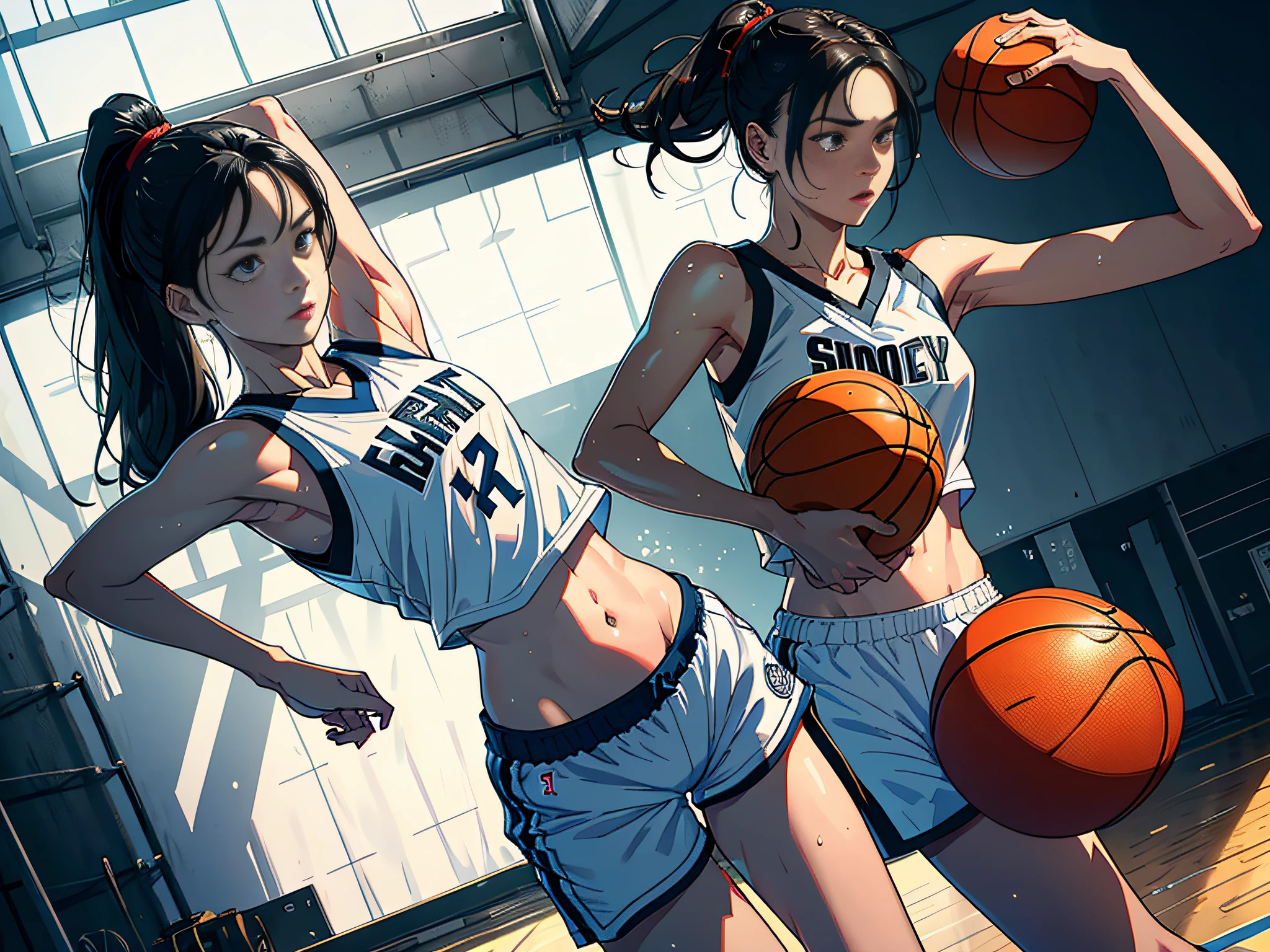 (Original), (Basketball Game), (Best Quality), (Masterpiece), Photographic Reality, Realistic, Very Detailed Illustration, (1 Girl), Beautiful Eyes, (Delicate Face), Perfect Detail, (Best Lighting), (Super Complex Detail), (Basketball Girl), (Basketball Court), (Basketball Girl), (Basketball Court), Sweat, Heavy Breathing, (Basketball Game), Sports Shorts, Perfect Details, Perfect Fingers, Perfect Limbs, Impact, (Shiny Skin), Abs, Muscles, Waist Line, Sports Shorts, Black Hair, High Ponytail , super long hair, 4K uniform, (super fine CG: 1.2), (8K: 1.2), realistic, octane rendering