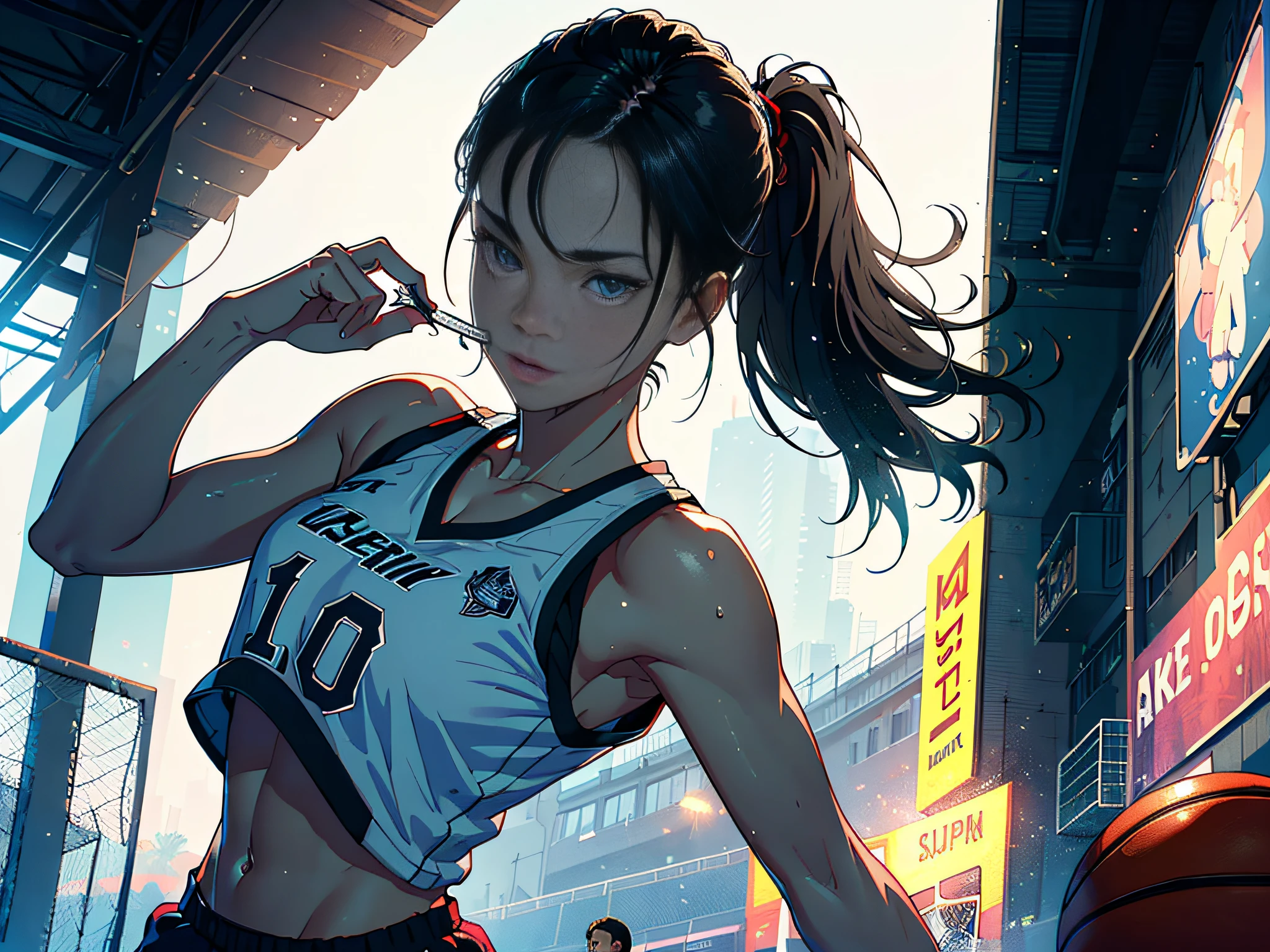 (Original), (Basketball Game), (Best Quality), (Masterpiece), Photographic Reality, Realistic, Very Detailed Illustration, (1 Girl), Beautiful Eyes, (Delicate Face), Perfect Detail, (Best Lighting), (Super Complex Detail), (Basketball Girl), (Basketball Court), (Basketball Girl), (Basketball Court), Sweat, Heavy Breathing, (Basketball Game), Sports Shorts, Perfect Details, Perfect Fingers, Perfect Limbs, Impact, (Shiny Skin), Abs, Muscles, Waist Line, Sports Shorts, Black Hair, High Ponytail , super long hair, 4K uniform, (super fine CG: 1.2), (8K: 1.2), realistic, octane rendering