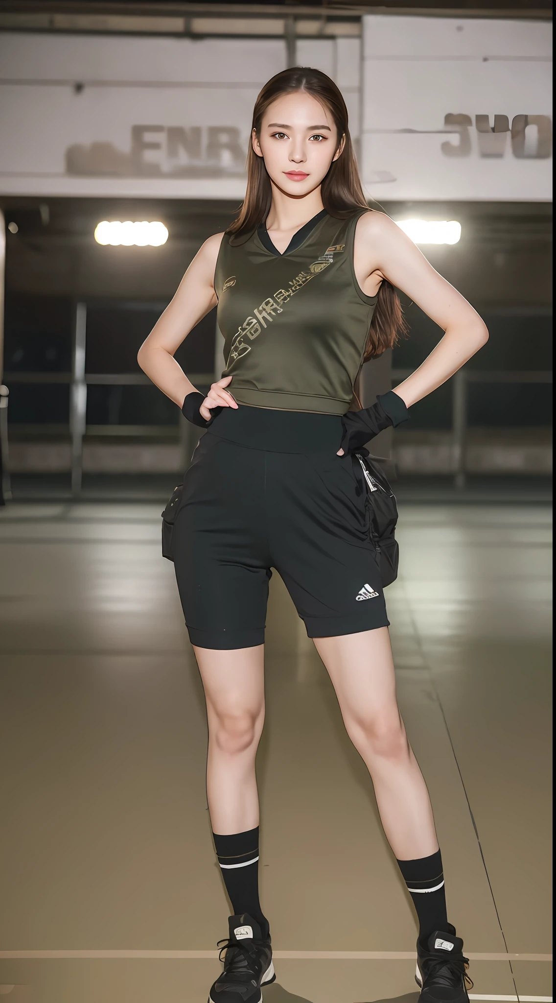 ((Best Quality, 8K, Masterpiece: 1.3)), 1 girl, smile, full body, slim face, pretty woman, (dark brown hair), military uniform: 1.1,(((sporty pose))), super detailed face, detailed eyes, double eyelids, tank, blurred background, slim face, battlefield background, particles, full body,