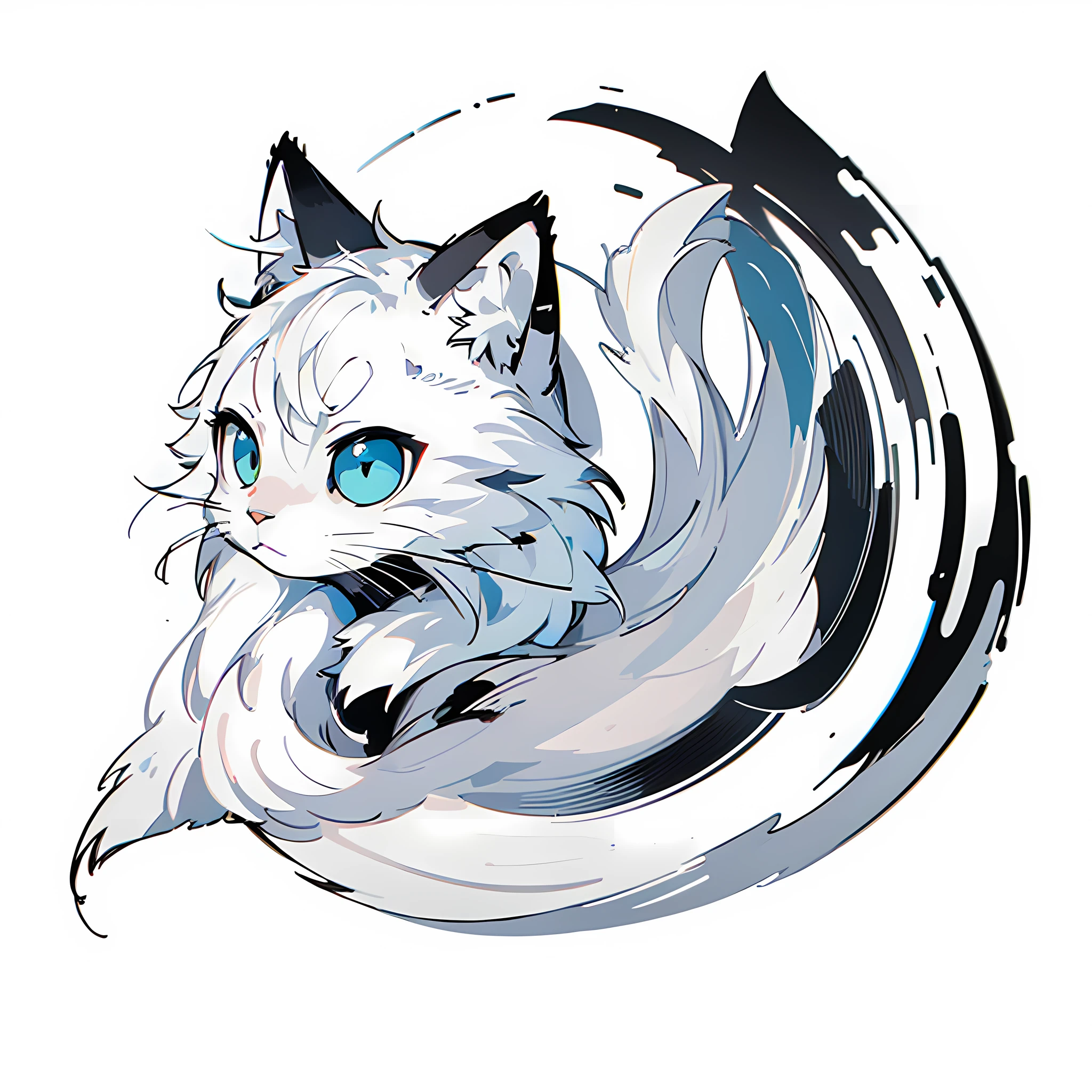 High resolution, 2D line art logo, white tabby cat, pale blue background, minimalistic and simple logo, smooth vector illustration, monochrome,