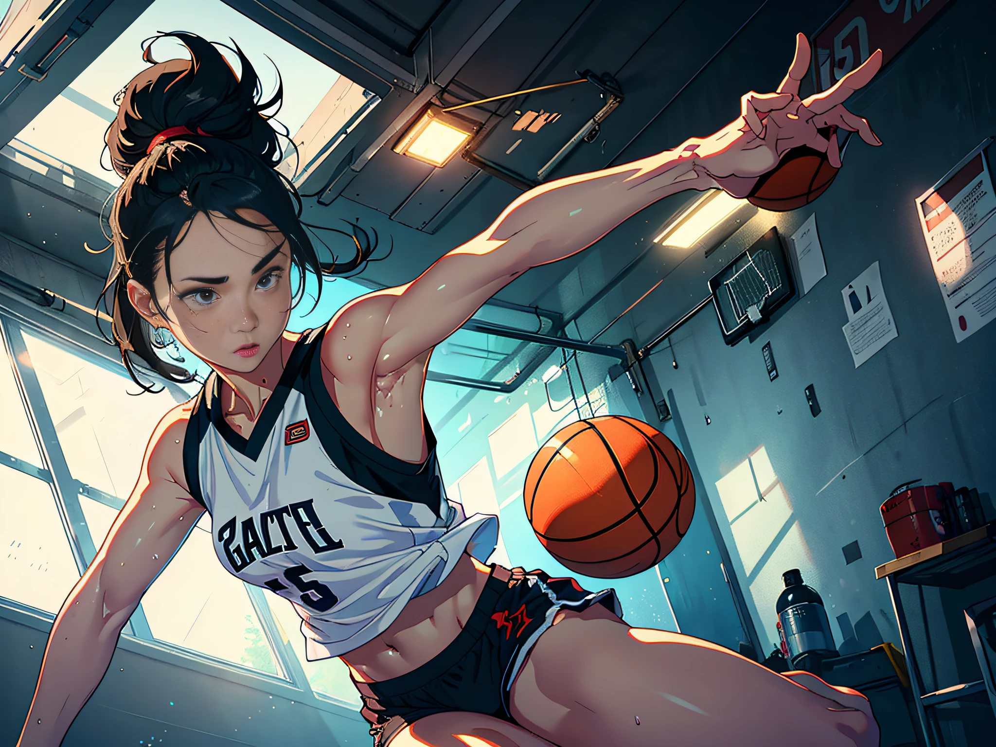 (Original), (Basketball Game), (Best Quality), (Masterpiece), Photographic Reality, Realistic, Very Detailed Illustration, (1 Girl), Beautiful Eyes, (Delicate Face), Perfect Detail, (Best Lighting), (Super Complex Detail), (Basketball Girl), (Basketball Court), (Basketball Girl), (Basketball Court), Sweat, Heavy Breathing, (Basketball Game), Sports Shorts, Perfect Details, Perfect Fingers, Perfect Limbs, Impact, (Shiny Skin), Abs, Muscles, Waist Line, Sports Shorts, Black Hair, High Ponytail , super long hair, 4K uniform, (super fine CG: 1.2), (8K: 1.2), realistic, octane rendering