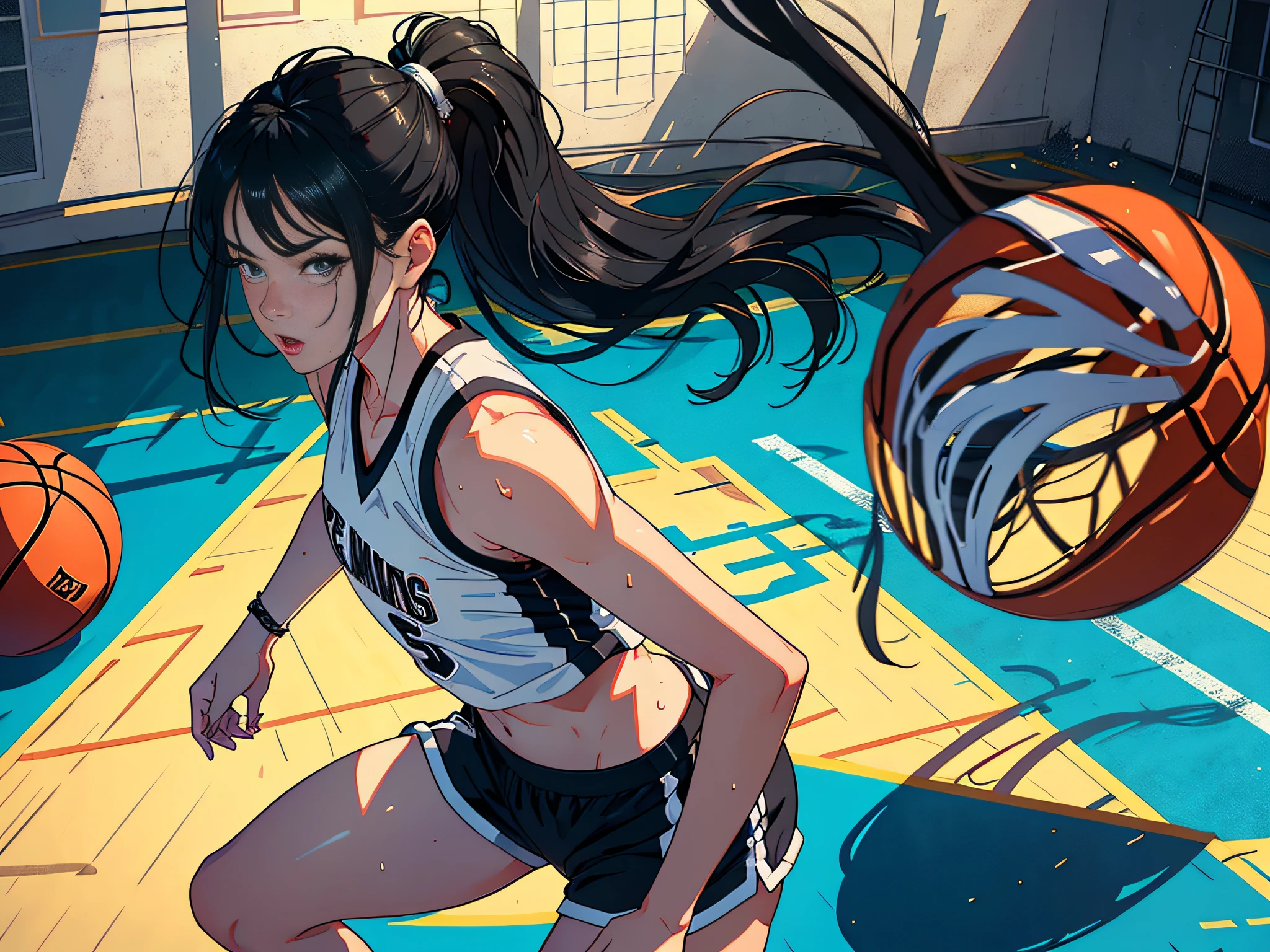 (Original), (Basketball Game), (Best Quality), (Masterpiece), Photographic Reality, Realistic, Very Detailed Illustration, (1 Girl), Beautiful Eyes, (Delicate Face), Perfect Detail, (Best Lighting), (Super Complex Detail), (Basketball Girl), (Basketball Court), (Basketball Girl), (Basketball Court), Sweat, Heavy Breathing, (Basketball Game), Sports Shorts, Perfect Details, Perfect Fingers, Perfect Limbs, Impact, (Shiny Skin), Abs, Muscles, Waist Line, Sports Shorts, Black Hair, High Ponytail , super long hair, 4K uniform, (super fine CG: 1.2), (8K: 1.2), realistic, octane rendering