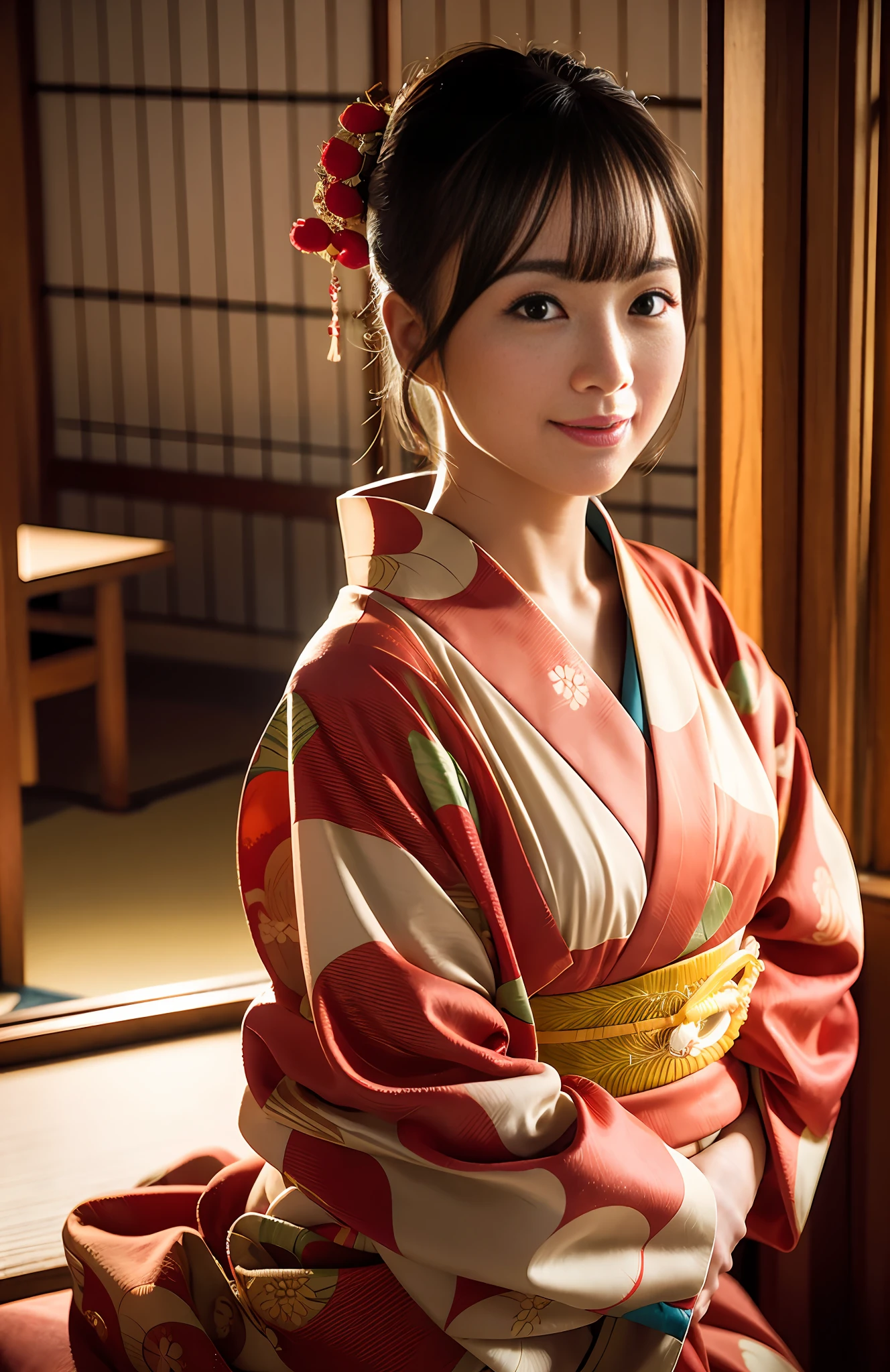photorealistic, solo, beautiful Japan woman, traditional kimono, natural figure, soft smile, impressive gaze, traditional hairstyle, Japanese room at dusk, sitting by the window, illuminated by city lights, (attractive pose), professional photographer, shallow depth of field, backlit,