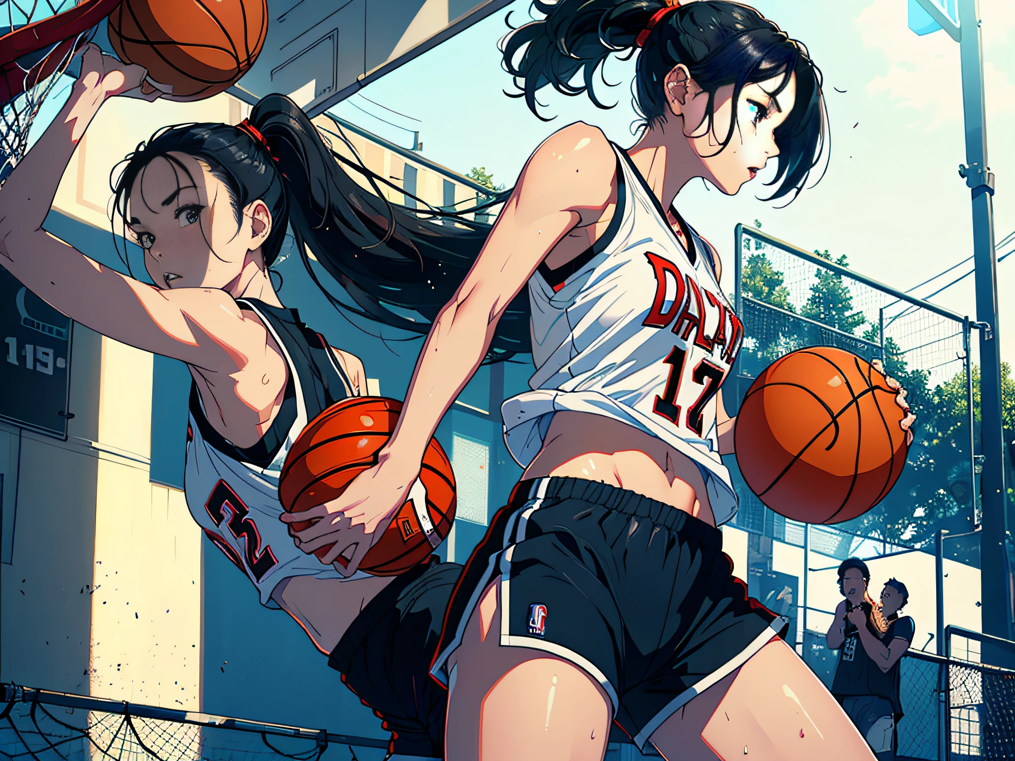 (Original), (Basketball Game), (Best Quality), (Masterpiece), Photographic Reality, Realistic, Very Detailed Illustration, (1 Girl), Beautiful Eyes, (Delicate Face), Perfect Detail, (Best Lighting), (Super Complex Detail), (Basketball Girl), (Basketball Court), (Basketball Girl), (Basketball Court), Sweat, Heavy Breathing, (Basketball Game), Sports Shorts, Perfect Details, Perfect Fingers, Perfect Limbs, Impact, (Shiny Skin), Abs, Muscles, Waist Line, Sports Shorts, Black Hair, High Ponytail , super long hair, 4K uniform, (super fine CG: 1.2), (8K: 1.2), realistic, octane rendering