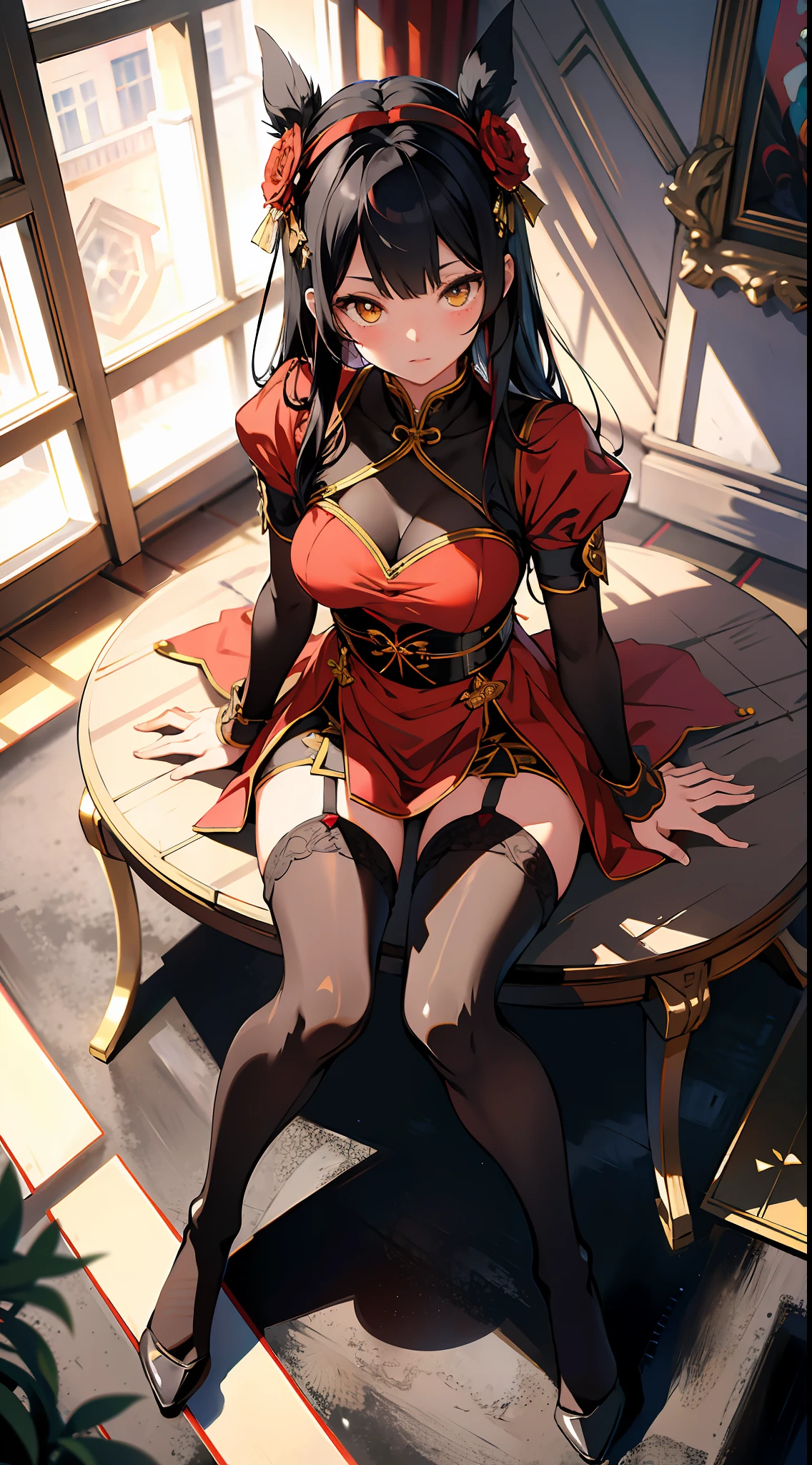 absurd res, high res, (masterpiece:1.4), ultra-detailed, 1girl, from above, space, floating, Chinese dress, red dress, stockings, black hair, yellow eyes, garter belt, black pantyhose, stockings, kneeling, fully visible panty, Mlegs, M legs, separated legs, string panty,