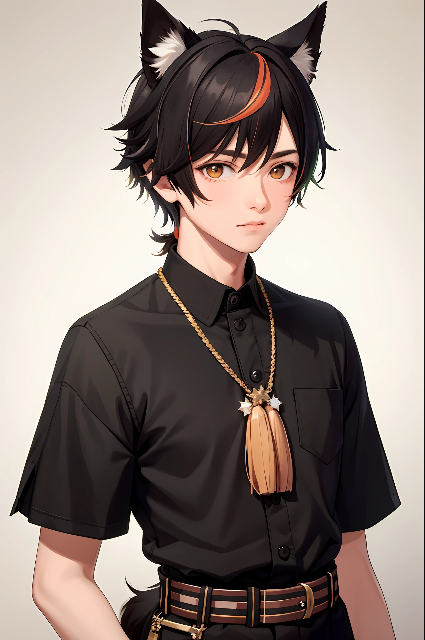 boy, one boy, male focus, animal ear, solo, multicolored hair, brown hair, canine boy, tassels, dog ears, upper body, striped hair, bangs,