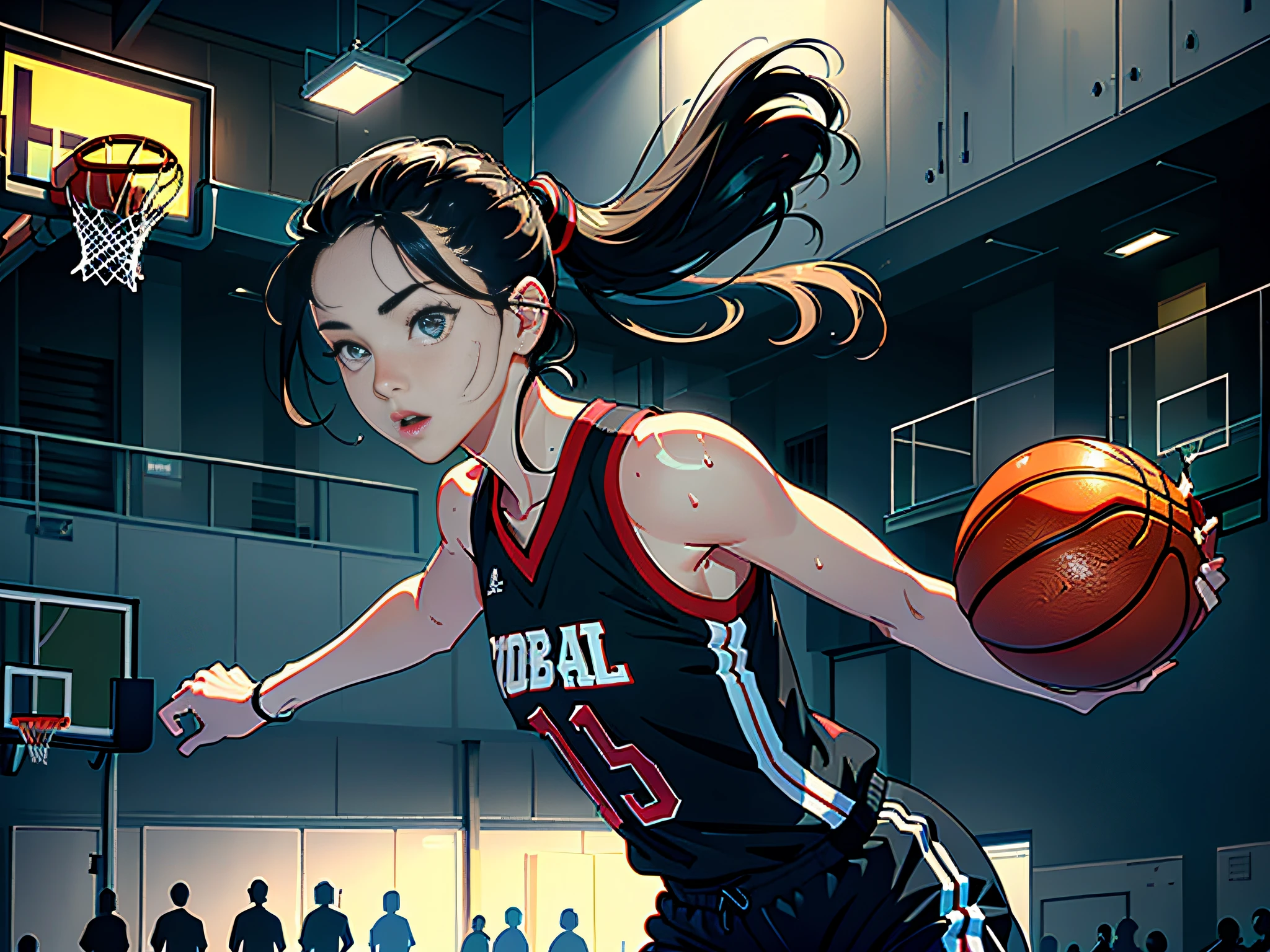 (Original), (Basketball Game), (Best Quality), (Masterpiece), Photographic Reality, Realistic, Very Detailed Illustration, (1 Girl), Beautiful Eyes, (Delicate Face), Perfect Detail, (Best Lighting), (Super Complex Detail), (Basketball Girl), (Basketball Court), (Basketball Girl), (Basketball Court), Sweat, Heavy Breathing, (Basketball Game), Sports Shorts, Perfect Details, Perfect Fingers, Perfect Limbs, Impact, (Shiny Skin), Abs, Muscles, Waist Line, Sports Shorts, Black Hair, High Ponytail , super long hair, 4K uniform, (super fine CG: 1.2), (8K: 1.2), realistic, octane rendering
