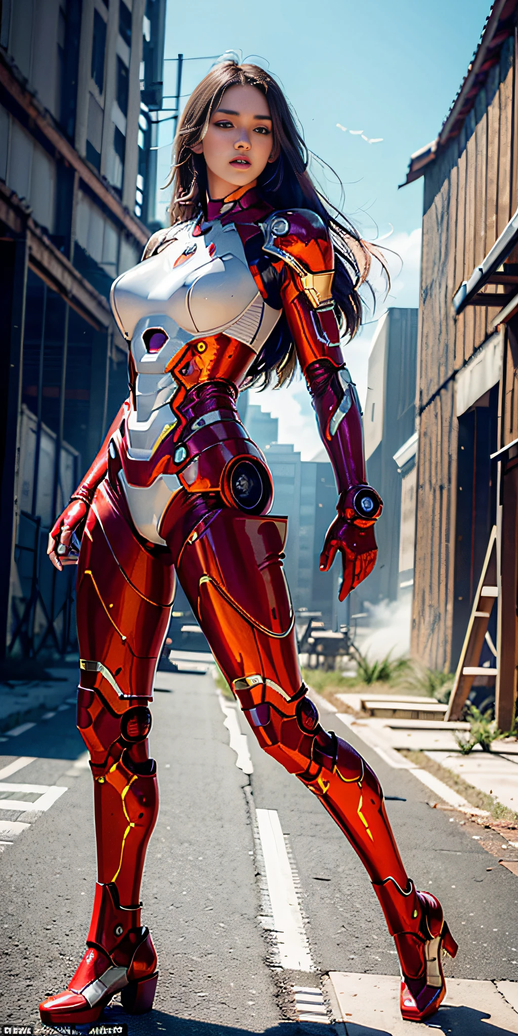 RAW, Masterpiece, Super Fine Photo, A Woman, Dynamic Activity, Best Quality, Ultra High Resolution, Photorealistic Photorealism, Sunlight, Full Body Portrait, Ultra Wide Angle, Amazing Beauty, Long Hair, Dynamic Pose, Delicate Face, Vibrant Eyes, (viewed from the side), She is wearing a futuristic Iron Man mech, red and gold color scheme, very detailed abandoned warehouse background, detailed face, detailed complex busy background, messy, gorgeous, milky white, highly detailed skin, realistic skin details, visible pores, Sharp focus, volumetric fog, 8k uhd, DSLR, high quality, film grain, fair skin, photo realism, lomography, huge metropolis in futuristic dystopia, seen from below, translucent