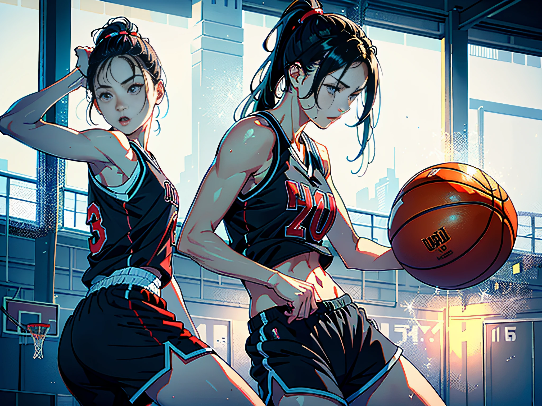 (Original), (Basketball Game), (Best Quality), (Masterpiece), Photographic Reality, Realistic, Very Detailed Illustration, (1 Girl), Beautiful Eyes, (Delicate Face), Perfect Detail, (Best Lighting), (Super Complex Detail), (Basketball Girl), (Basketball Court), (Basketball Girl), (Basketball Court), Sweat, Heavy Breathing, (Basketball Game), Sports Shorts, Perfect Details, Perfect Fingers, Perfect Limbs, Impact, (Shiny Skin), Abs, Muscles, Waist Line, Sports Shorts, Black Hair, High Ponytail , super long hair, 4K uniform, (super fine CG: 1.2), (8K: 1.2), realistic, octane rendering