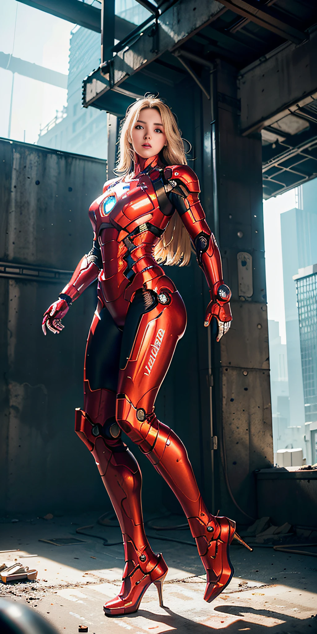 RAW, Masterpiece, Super Fine Photo, A Woman, Dynamic Activity, Best Quality, Ultra High Resolution, Photorealistic Photorealism, Sunlight, Full Body Portrait, Ultra Wide Angle, Amazing Beauty, Long Hair, Dynamic Pose, Delicate Face, Vibrant Eyes, (viewed from the side), She is wearing a futuristic Iron Man mech, red and gold color scheme, very detailed abandoned warehouse background, detailed face, detailed complex busy background, messy, gorgeous, milky white, highly detailed skin, realistic skin details, visible pores, Sharp focus, volumetric fog, 8k uhd, DSLR, high quality, film grain, fair skin, photo realism, lomography, huge metropolis in futuristic dystopia, seen from below, translucent