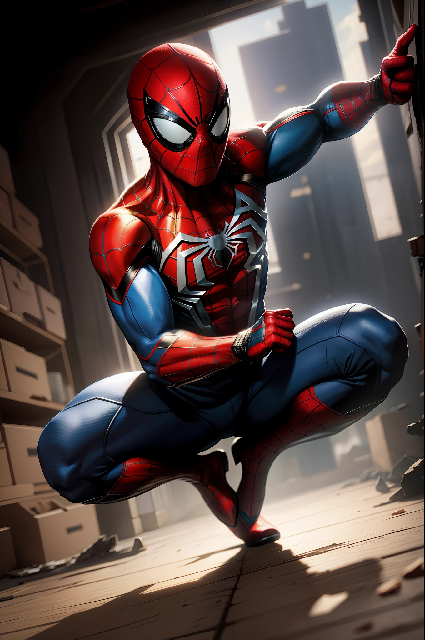 solo, masterpiece, best quality, medium shot of Spider-Man, marvel, fighting stance, dynamic angle