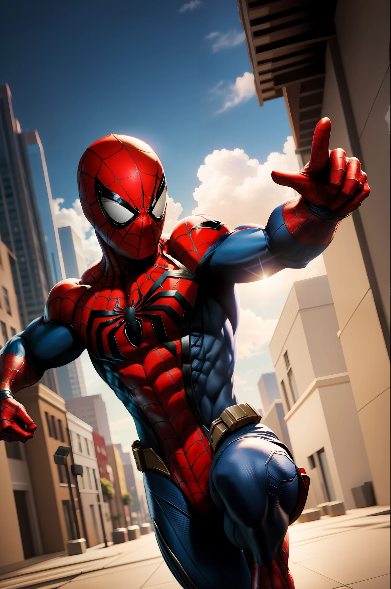 solo, masterpiece, best quality, medium shot of Spider-Man, marvel, fighting stance, dynamic angle