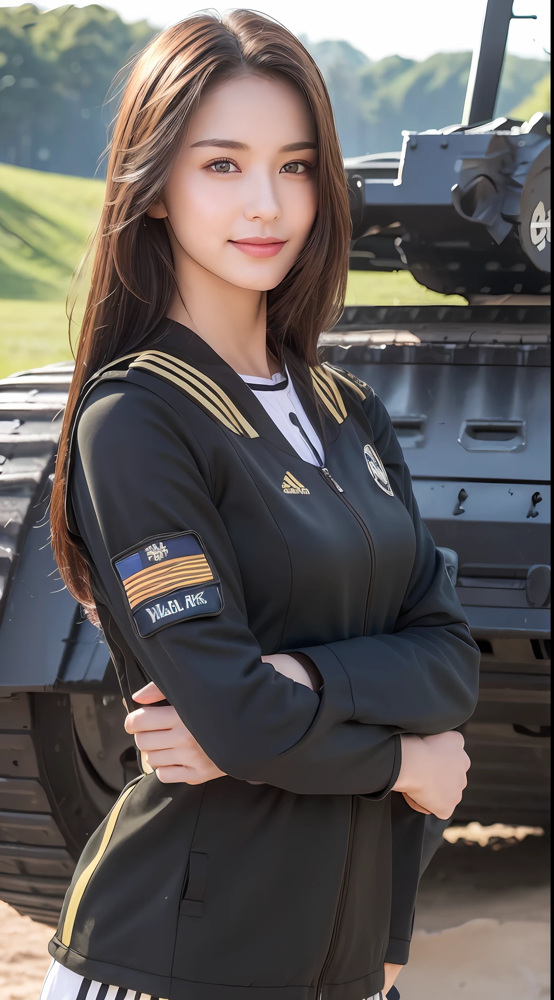 ((Best Quality, 8k, Masterpiece: 1.3)), 1 girl, smile, full body, slim face, pretty woman, (dark brown hair), military uniform: 1.1, (((sporty pose))), extra long legs, super detailed face, detailed eyes, double eyelids, tank, blurred background, slim face, battlefield background, particles, full body,