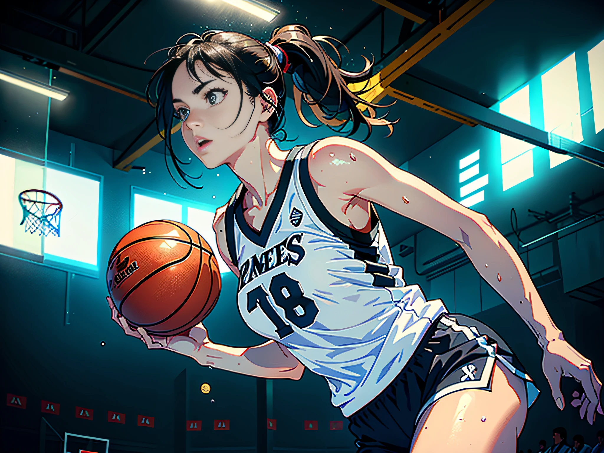 (Original), (Basketball Game), (Best Quality), (Masterpiece), Photographic Reality, Realistic, Very Detailed Illustration, (1 Girl), Beautiful Eyes, (Delicate Face), Perfect Detail, (Best Lighting), (Super Complex Detail), (Basketball Girl), (Basketball Court), (Basketball Girl), (Basketball Court), Sweat, Heavy Breathing, (Basketball Game), Sports Shorts, Perfect Details, Perfect Fingers, Perfect Limbs, Impact, (Shiny Skin), Abs, Muscles, Waist Line, Sports Shorts, Black Hair, High Ponytail , super long hair, 4K uniform, (super fine CG: 1.2), (8K: 1.2), realistic, octane rendering