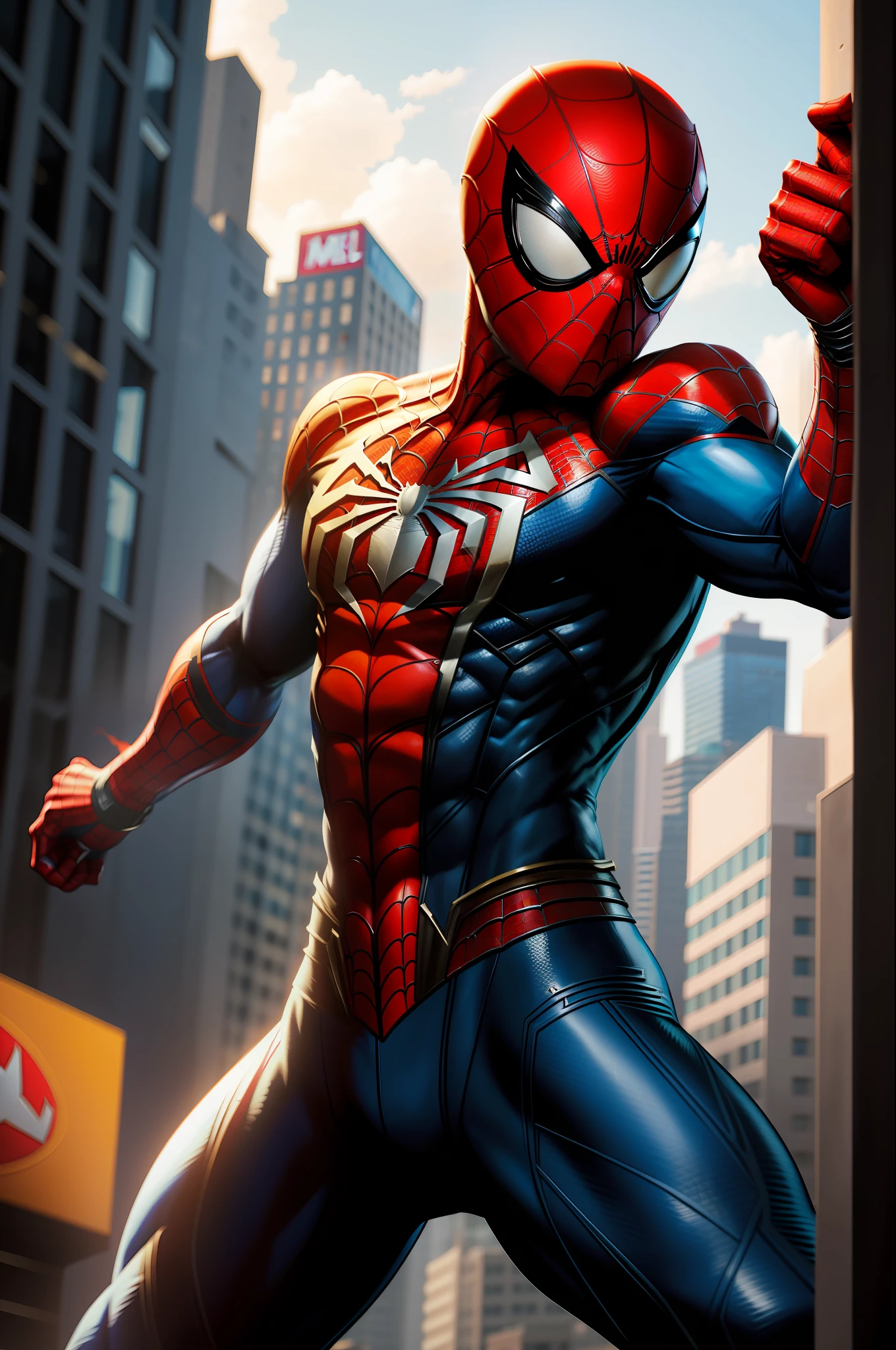 solo, masterpiece, best quality, medium shot of Spider-Man, marvel, fighting stance, dynamic angle