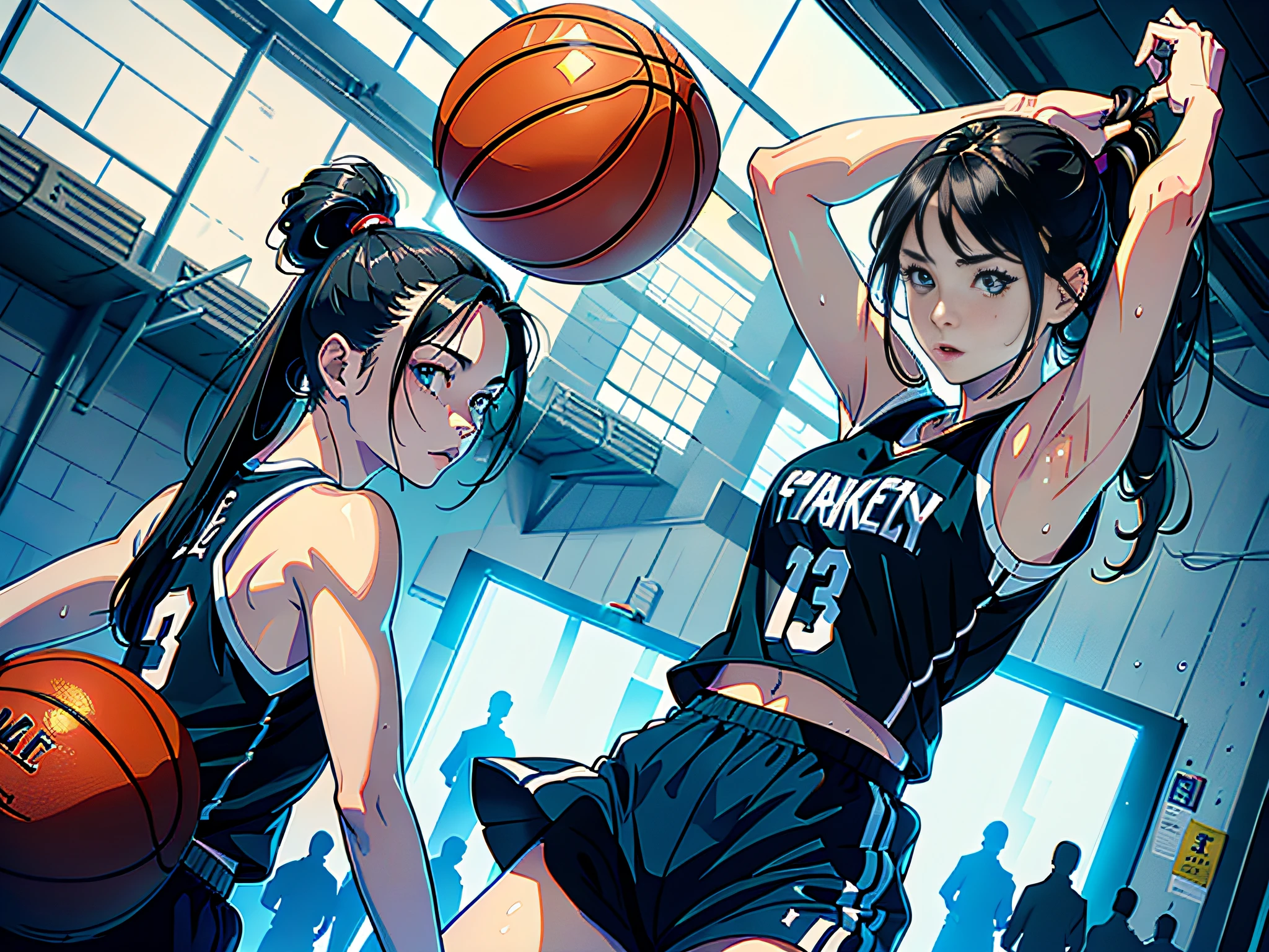 (Original), (Basketball Game), (Best Quality), (Masterpiece), Photographic Reality, Realistic, Very Detailed Illustration, (1 Girl), Beautiful Eyes, (Delicate Face), Perfect Detail, (Best Lighting), (Super Complex Detail), (Basketball Girl), (Basketball Court), (Basketball Girl), (Basketball Court), Sweat, Heavy Breathing, (Basketball Game), Sports Shorts, Perfect Details, Perfect Fingers, Perfect Limbs, Impact, (Shiny Skin), Abs, Muscles, Waist Line, Sports Shorts, Black Hair, High Ponytail , super long hair, 4K uniform, (super fine CG: 1.2), (8K: 1.2), realistic, octane rendering
