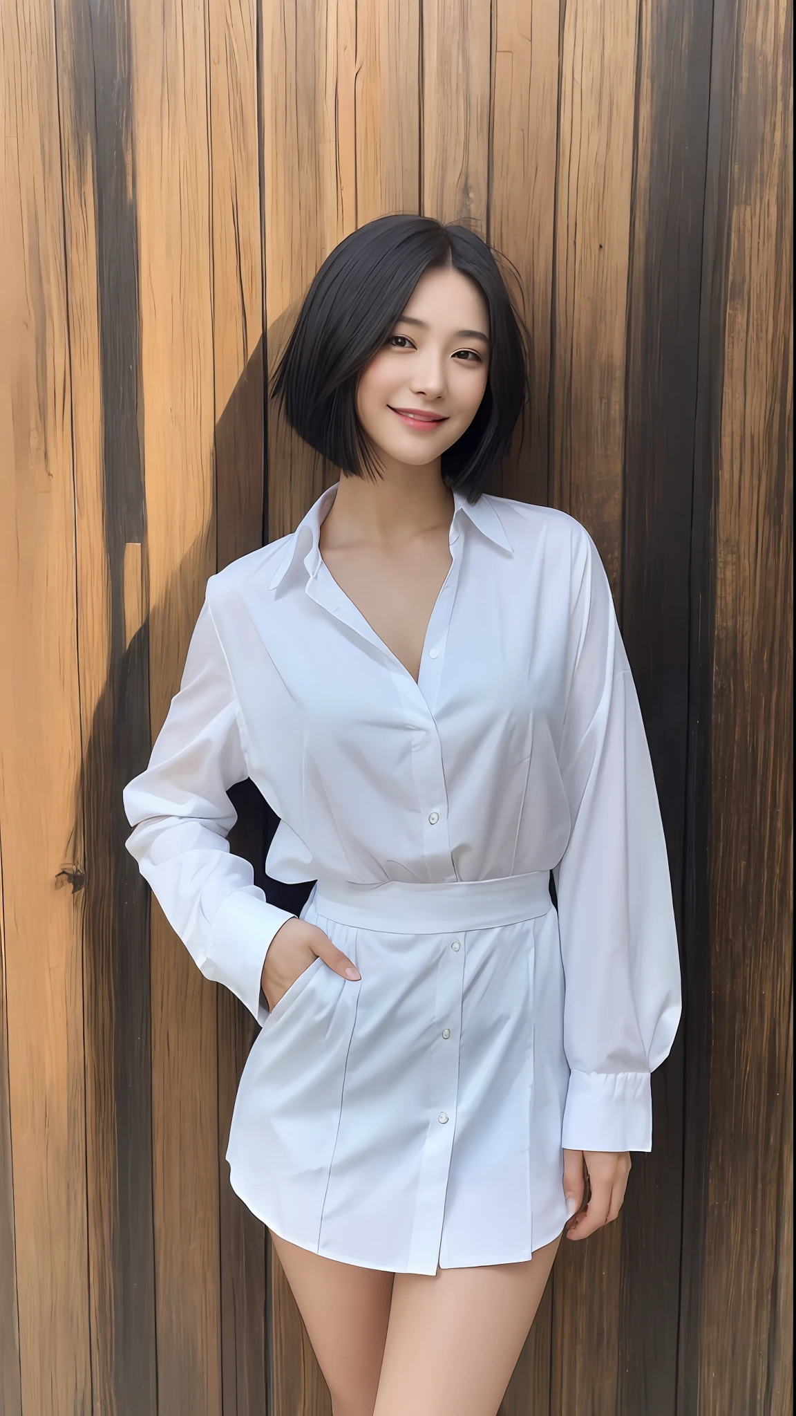 (Masterpiece:1.3), (8K, Photorealistic, RAW Photography, Best Quality: 1.4), Japan People, (1 Girl), Beautiful Face, (Realistic Face), (Black Hair, Short Hair:1.3), Beautiful Hairstyle, Realistic Eyes, Beautiful Details, (Realistic Skin), Beautiful Skin, Attractive, Ultra High Definition, Ultra Realistic, High Detail, Golden Ratio, (Fatal Face:1.2), Look at the Beholder,Smile, open white shirt,small breasts,standing,hands on hips
