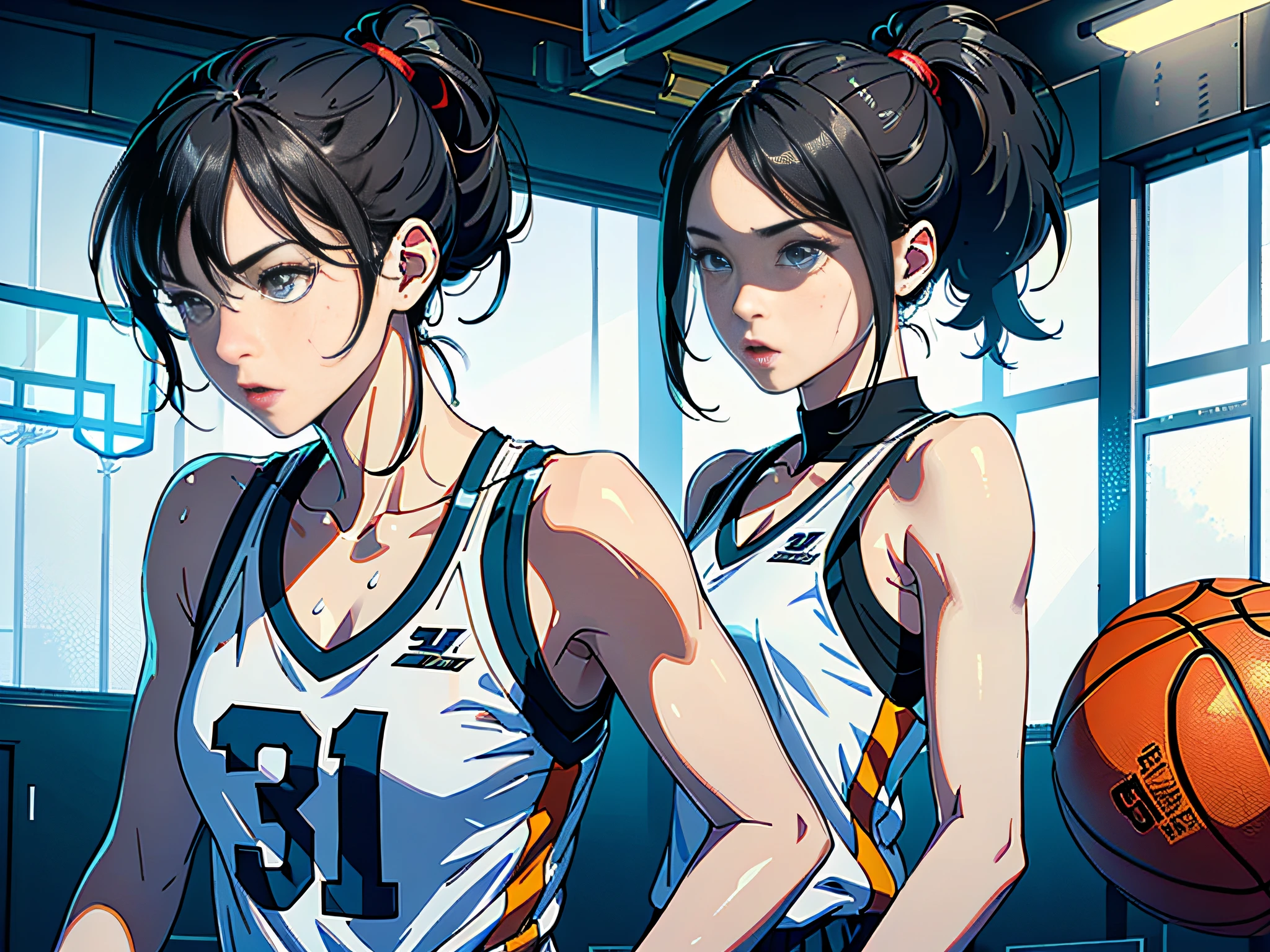 (Original), (Basketball Game), (Best Quality), (Masterpiece), Photographic Reality, Realistic, Very Detailed Illustration, (1 Girl), Beautiful Eyes, (Delicate Face), Perfect Detail, (Best Lighting), (Super Intricate Detail), (Basketball Girl), (Basketball Court), Sweat, Heavy Breathing, (1 Basketball), Sports Shorts, Perfect Detail, Perfect Fingers, Perfect Limbs, Impact, (Shiny Skin), Abs, Muscles, Waist Line, Sports Shorts, , Black Hair, High Ponytail , super long hair, 4K uniform, (super fine CG: 1.2), (8K: 1.2), realistic, octane rendering