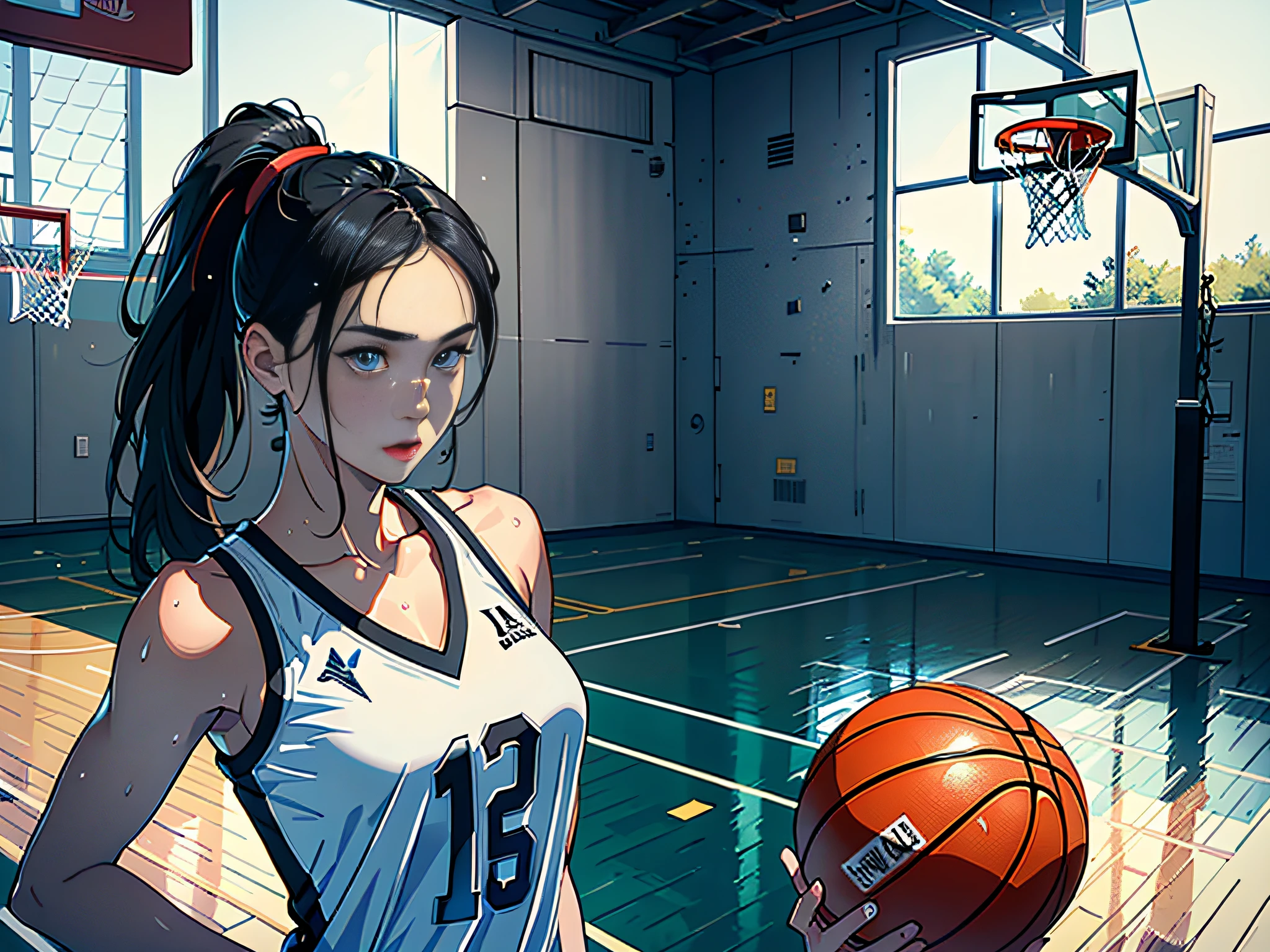 (Original), (Basketball Game), (Best Quality), (Masterpiece), Photographic Reality, Realistic, Very Detailed Illustration, (1 Girl), Beautiful Eyes, (Delicate Face), Perfect Detail, (Best Lighting), (Super Intricate Detail), (Basketball Girl), (Basketball Court), Sweat, Heavy Breathing, (1 Basketball), Sports Shorts, Perfect Detail, Perfect Fingers, Perfect Limbs, Impact, (Shiny Skin), Abs, Muscles, Waist Line, Sports Shorts, , Black Hair, High Ponytail , super long hair, 4K uniform, (super fine CG: 1.2), (8K: 1.2), realistic, octane rendering