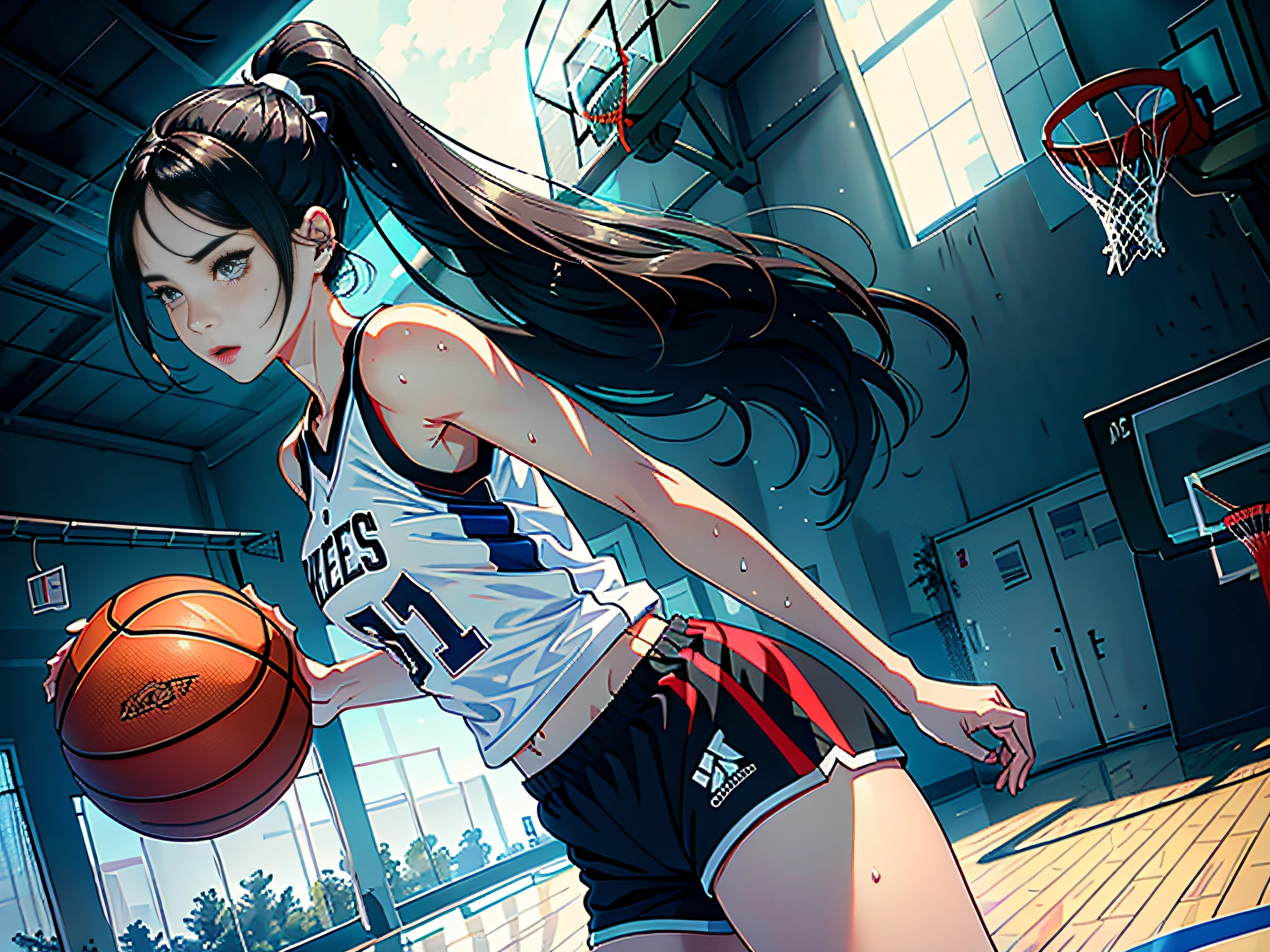 (Original), (Basketball Game), (Best Quality), (Masterpiece), Photographic Reality, Realistic, Very Detailed Illustration, (1 Girl), Beautiful Eyes, (Delicate Face), Perfect Detail, (Best Lighting), (Super Intricate Detail), (Basketball Girl), (Basketball Court), Sweat, Heavy Breathing, (1 Basketball), Sports Shorts, Perfect Detail, Perfect Fingers, Perfect Limbs, Impact, (Shiny Skin), Abs, Muscles, Waist Line, Sports Shorts, , Black Hair, High Ponytail , super long hair, 4K uniform, (super fine CG: 1.2), (8K: 1.2), realistic, octane rendering