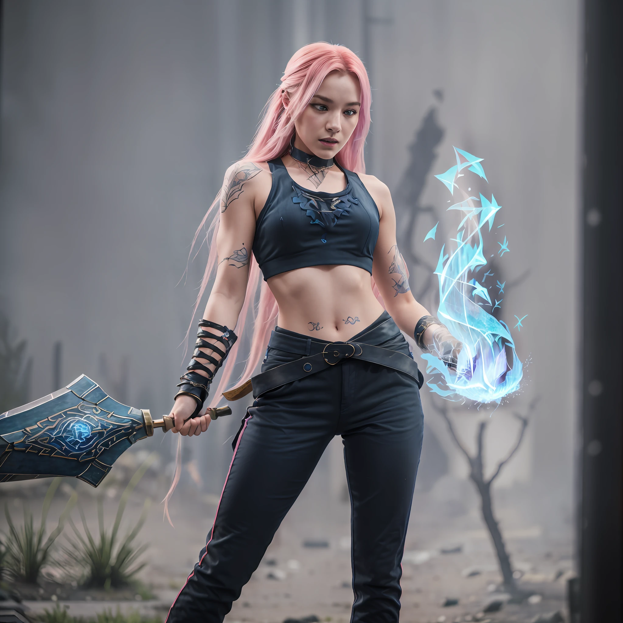(magic energy going out of her left closed fist, that's look like a blue fire), fantasy, fantastic, rpg