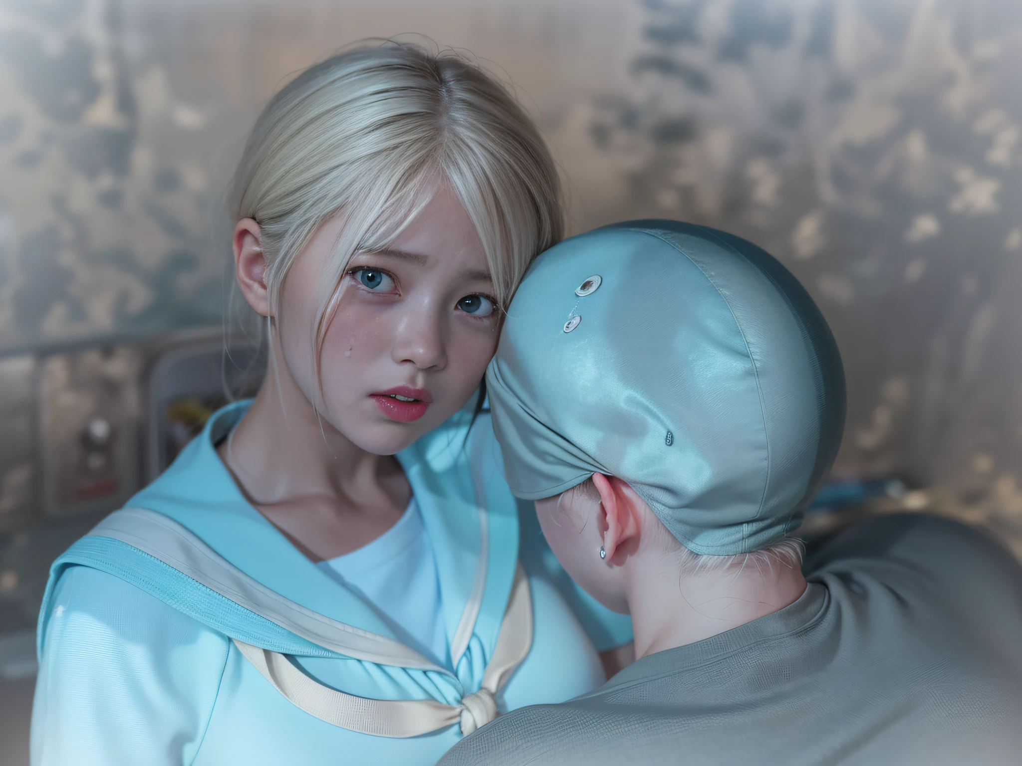 ((staring at the front, crying face, , frightened face with fear, skin wet with sweat)), sailor uniform, (16 years oldned with fear)) (8K, top quality, masterpiece: 1.2), (eyes are frontal, eyes wide open in surprise, black eyes, very frightened), (realistic, photorealistic: 1.37), ultra detail, top quality, ultra high resolution, professional lighting, photon mapping, radiosity, physically based rendering, movie lighting, depth of field,
