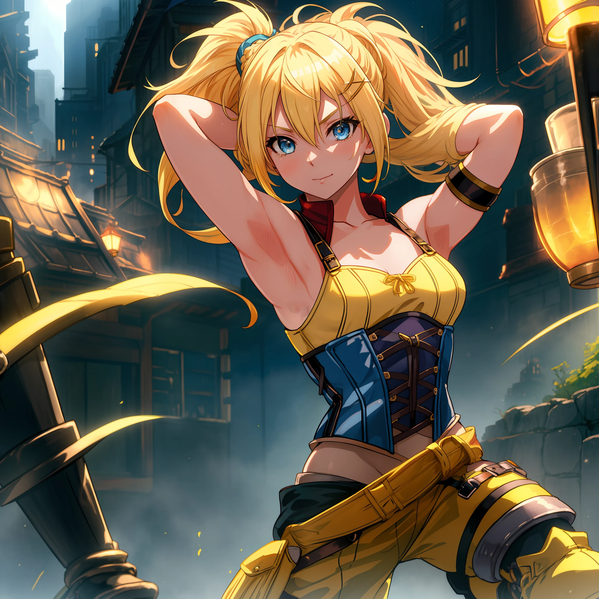 Rikku, (yellow hair, messy ponytail and bangs, blue eyes, flat chest), wearing a sexy tight corset, fingerless gloves, shoulders showing, showing the linga, looking at viewer, lewd, sexy, blue boots, masterpiece, best quality, 8k, sharp focus, depth of field, best shadows, perfect lights, HDR, realistic skin texture, detailed, hyper detailed background, anime style, wideshot, Arms up (armpit), fantasy city