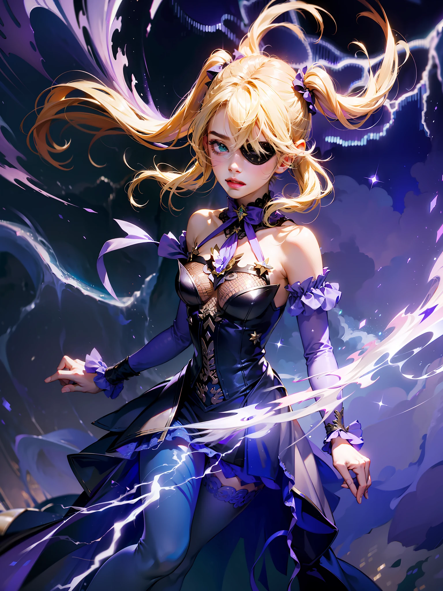 extremely delicate and beautiful, Amazing, finely detail, masterpiece, ultra-detailed, highres,best illustration, best shadow,intricate,sharp focus, high quality, 1 female solo, backlight, night sky and stars, blond hair ponytails, eyepatch, green eye, floating in the hight sky, surrounded by purple lighting bolts and purple storm clouds, sparkles and glowing lights, glowing hair, fullbody