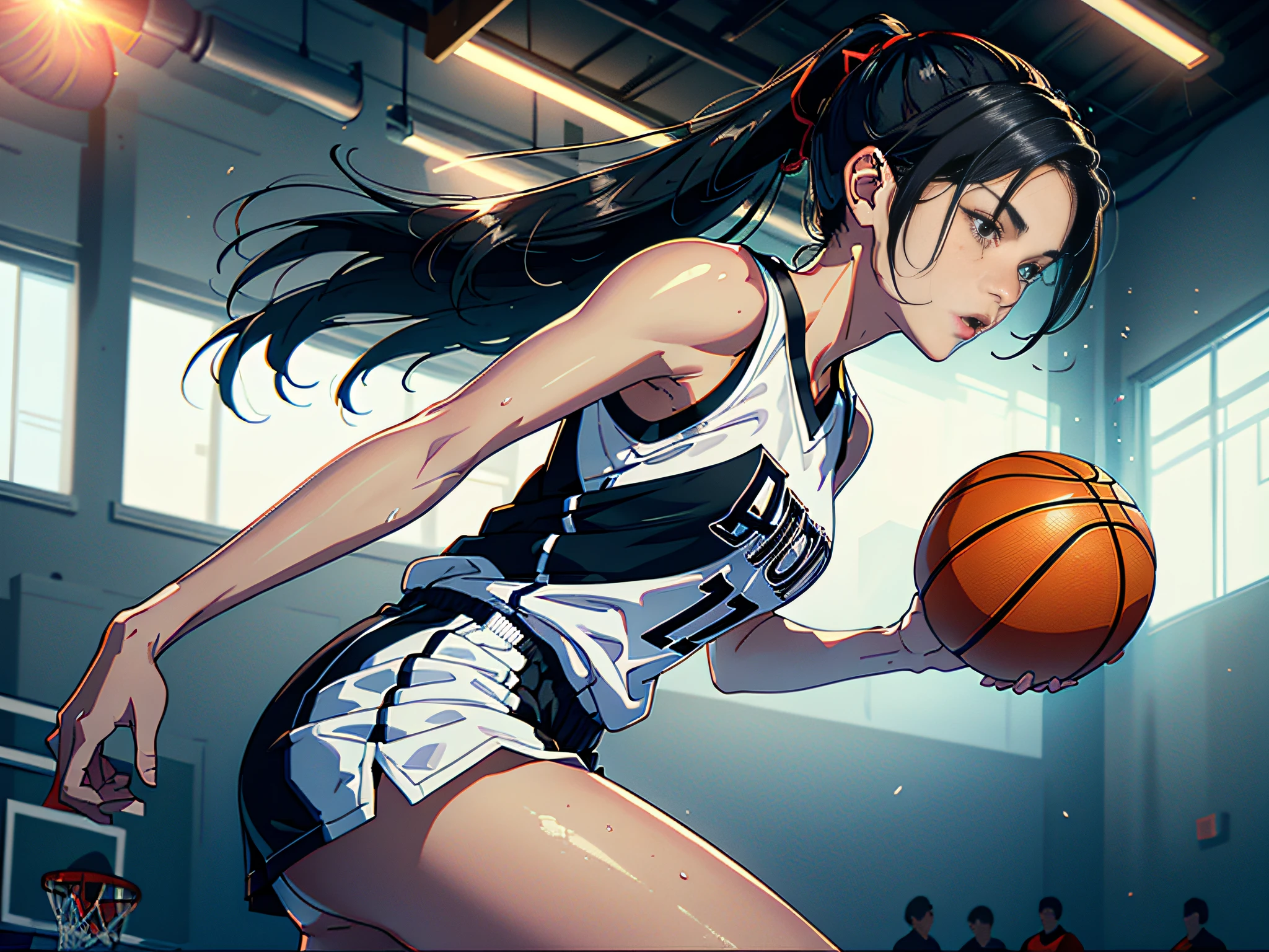 (Original), (Basketball Game), (Best Quality), (Masterpiece), Photographic Reality, Realistic, Very Detailed Illustration, (1 Girl), Beautiful Eyes, (Delicate Face), Perfect Detail, (Best Lighting), (Super Intricate Detail), (Basketball Girl), (Basketball Court), Sweat, Heavy Breathing, (1 Basketball), Sports Shorts, Perfect Detail, Perfect Fingers, Perfect Limbs, Impact, (Shiny Skin), Abs, Muscles, Waist Line, Sports Shorts, , Black Hair, High Ponytail , super long hair, 4K uniform, (super fine CG: 1.2), (8K: 1.2), realistic, octane rendering
