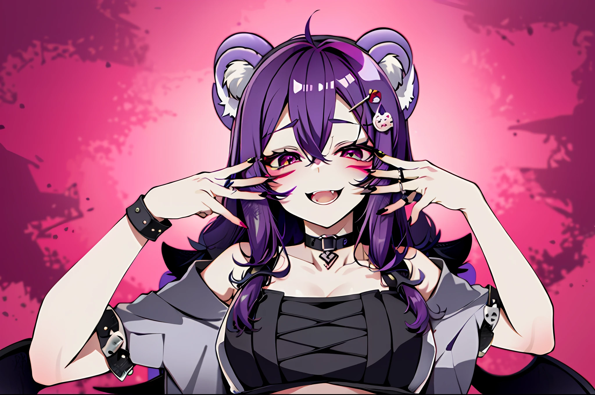 animal, 1girl, solo, breasts, looking at viewer, open mouth, hair ornament, gloves, jacket, upper body, teeth, black gloves, fingerless gloves, nail polish, fangs, facial mark, bandaid on arm, saliva, masterpiece, SFW, safe, hires, absurdres, purple hair, short hair, wavy hair, fluffy hair, ahoge, devil horns, magenta eyes, pink eyes, pale skin, 1 fang, 1fang, fang, wings, demon wings, beauty mark, bear ears, kemonomimi, bear girl, demon girl, wavy bangs, bangs, 1girl, solo, alone, flat chest, small breasts, demon horns, baggy clothes, fully clothed, covered chest, demon tail, bear tail, swept bangs, wispy bangs, bags under eyes, purple bear ears, eyeliner, emo, alternative fashion, streetwear, street fashion, half closed eyes, half-closed eyes, lidded eyes, bored, smiling, smile, fanged smile, sleepy, friendly, shy, purple, no ears, devil horns, demon horns, young, chains, accessories