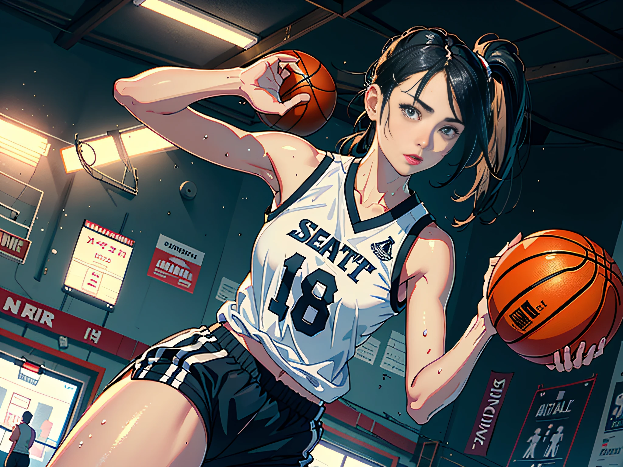 (Original), (Basketball Game), (Best Quality), (Masterpiece), Photographic Reality, Realistic, Very Detailed Illustration, (1 Girl), Beautiful Eyes, (Delicate Face), Perfect Detail, (Best Lighting), (Super Intricate Detail), (Basketball Girl), (Basketball Court), Sweat, Heavy Breathing, (1 Basketball), Sports Shorts, Perfect Detail, Perfect Fingers, Perfect Limbs, Impact, (Shiny Skin), Abs, Muscles, Waist Line, Sports Shorts, , Black Hair, High Ponytail , super long hair, 4K uniform, (super fine CG: 1.2), (8K: 1.2), realistic, octane rendering