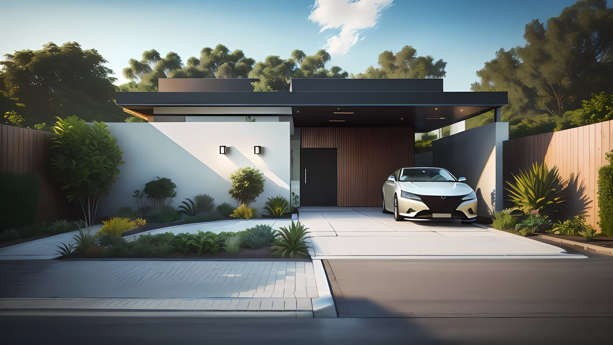 there is a car parked in front of a house with a car parked in the garage, concept house, front perspective, front view, a house, exterior design, lumion rendering, rendering, neotraditional modern, architectural rendering, contemporary house, facing front, architectural visualization, front image, dramatic front view, wide-angle exterior 2022, detailed rendering, greenery, tropical landscaping