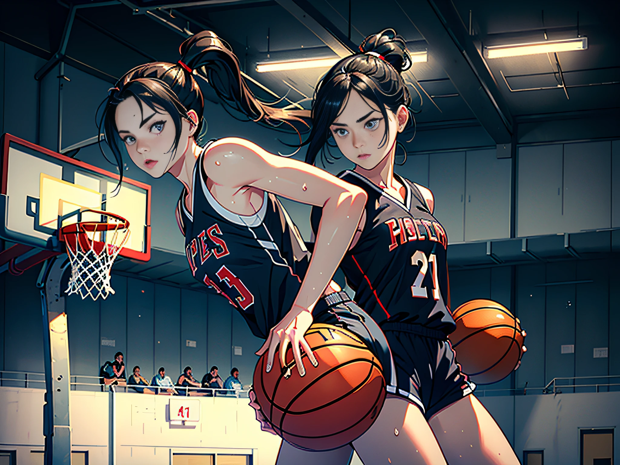 (Original), (Basketball Game), (Best Quality), (Masterpiece), Photographic Reality, Realistic, Very Detailed Illustration, (1 Girl), Beautiful Eyes, (Delicate Face), Perfect Detail, (Best Lighting), (Super Intricate Detail), (Basketball Girl), (Basketball Court), Sweat, Heavy Breathing, (1 Basketball), Sports Shorts, Perfect Detail, Perfect Fingers, Perfect Limbs, Impact, (Shiny Skin), Abs, Muscles, Waist Line, Sports Shorts, , Black Hair, High Ponytail , super long hair, 4K uniform, (super fine CG: 1.2), (8K: 1.2), realistic, octane rendering