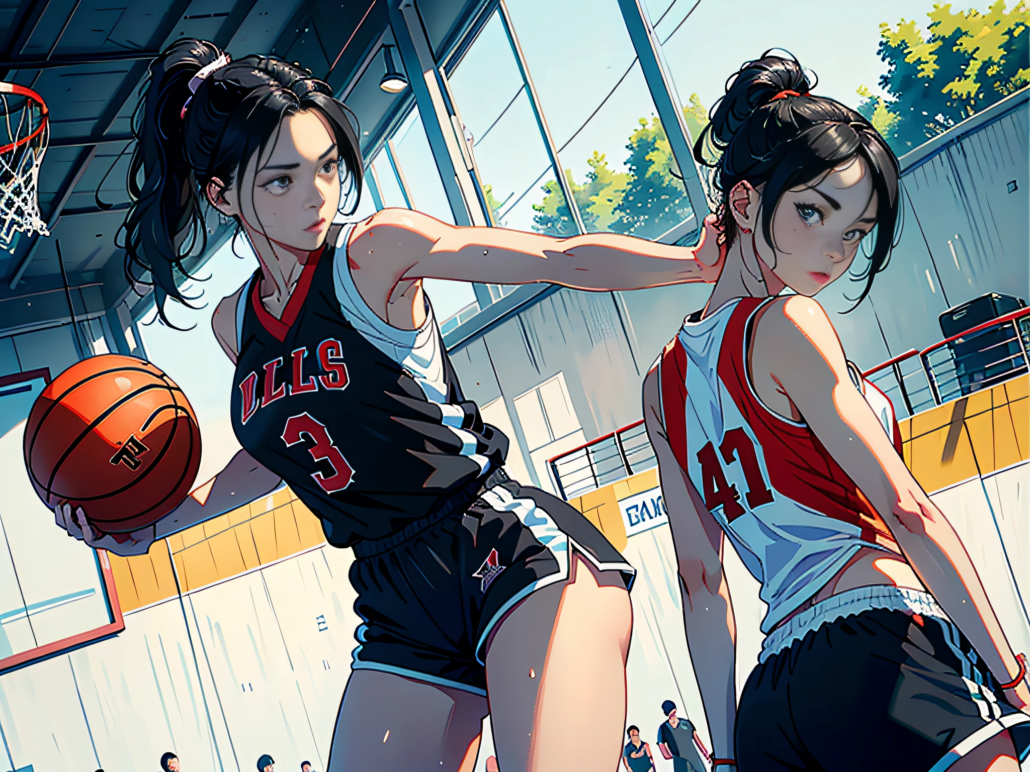 (Original), (Basketball Game), (Best Quality), (Masterpiece), Photographic Reality, Realistic, Very Detailed Illustration, (1 Girl), Beautiful Eyes, (Delicate Face), Perfect Detail, (Best Lighting), (Super Intricate Detail), (Basketball Girl), (Basketball Court), Sweat, Heavy Breathing, (1 Basketball), Sports Shorts, Perfect Detail, Perfect Fingers, Perfect Limbs, Impact, (Shiny Skin), Abs, Muscles, Waist Line, Sports Shorts, , Black Hair, High Ponytail , super long hair, 4K uniform, (super fine CG: 1.2), (8K: 1.2), realistic, octane rendering