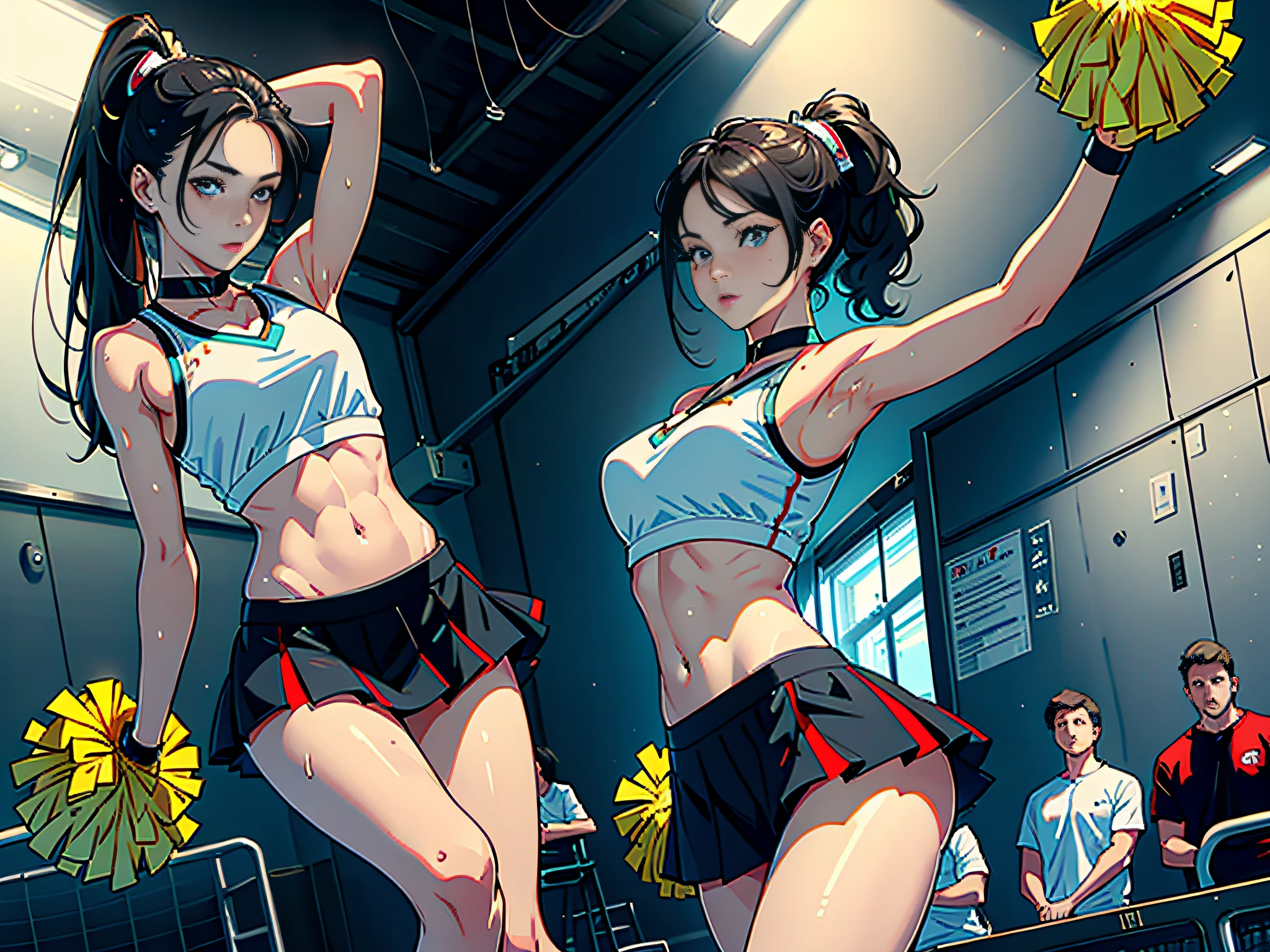 (Original), (Cheerleading), (Best Quality), (Masterpiece), Photographic Reality, Realistic, Very Detailed Illustrations, (1 Girl), Beautiful Eyes, (Delicate Face), Perfect Details, (Best Lighting), (Super Intricate Details), Cheerleading Dancing, Sweat, Heavy Breathing, (Cheerleading), Sports Short Skirt, Perfect Details, Perfect Fingers, Perfect Limbs, Impact, (Shiny Skin), Abs, Muscles, Waist Line, Sports Short Skirt, , Black Hair, High Ponytail, Very Long Hair, 4K unified, (ultra-fine CG: 1.2), (8K: 1.2), realistic, octane rendering