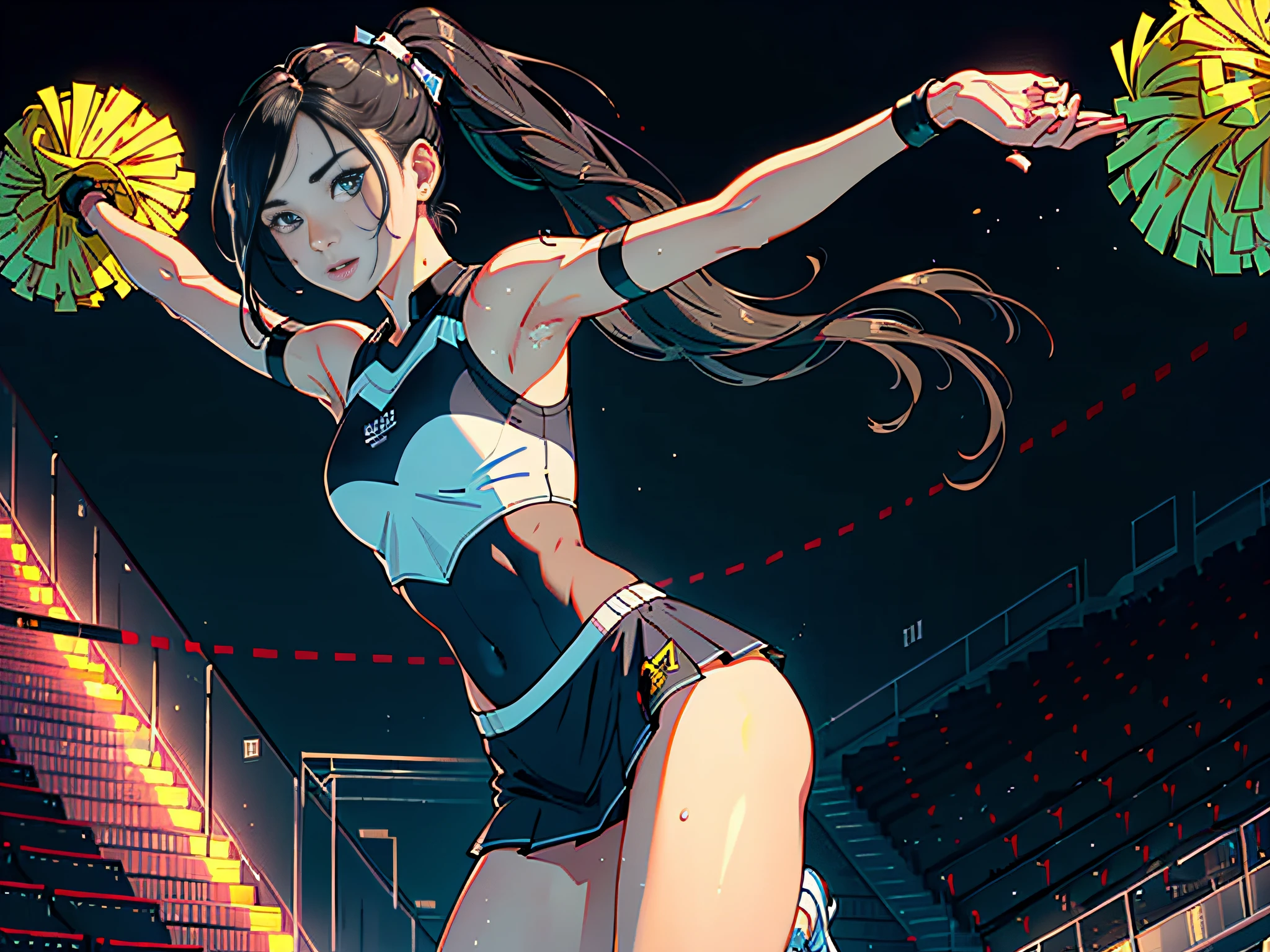 (Original), (Cheerleading), (Best Quality), (Masterpiece), Photographic Reality, Realistic, Very Detailed Illustrations, (1 Girl), Beautiful Eyes, (Delicate Face), Perfect Details, (Best Lighting), (Super Intricate Details), Cheerleading Dancing, Sweat, Heavy Breathing, (Cheerleading), Sports Short Skirt, Perfect Details, Perfect Fingers, Perfect Limbs, Impact, (Shiny Skin), Abs, Muscles, Waist Line, Sports Short Skirt, , Black Hair, High Ponytail, Very Long Hair, 4K unified, (ultra-fine CG: 1.2), (8K: 1.2), realistic, octane rendering