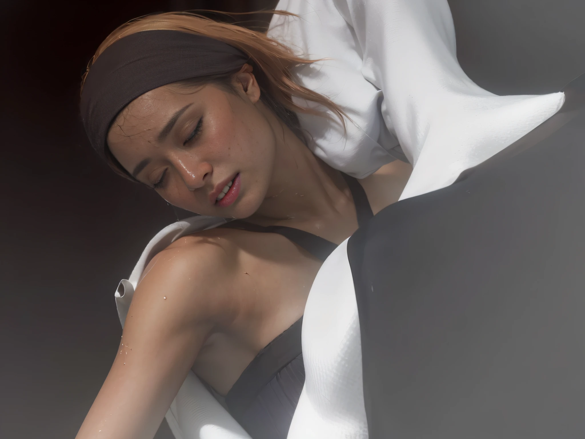 ((Brown bandana, crying face, ecstatic expression, frightened face with fear, skin wet with sweat)), off-shoulder, (16 years, eyes closed)) (8K, Best Quality, Masterpiece: 1.2), (Very startled expression, Gutch, Black eyes, very frightened), (Realistic, Photorealistic: 1.37), Ultra detail, Top quality, Ultra high resolution, Professional lighting, Photon mapping , radiosity, physically based rendering, movie lighting, depth of field,