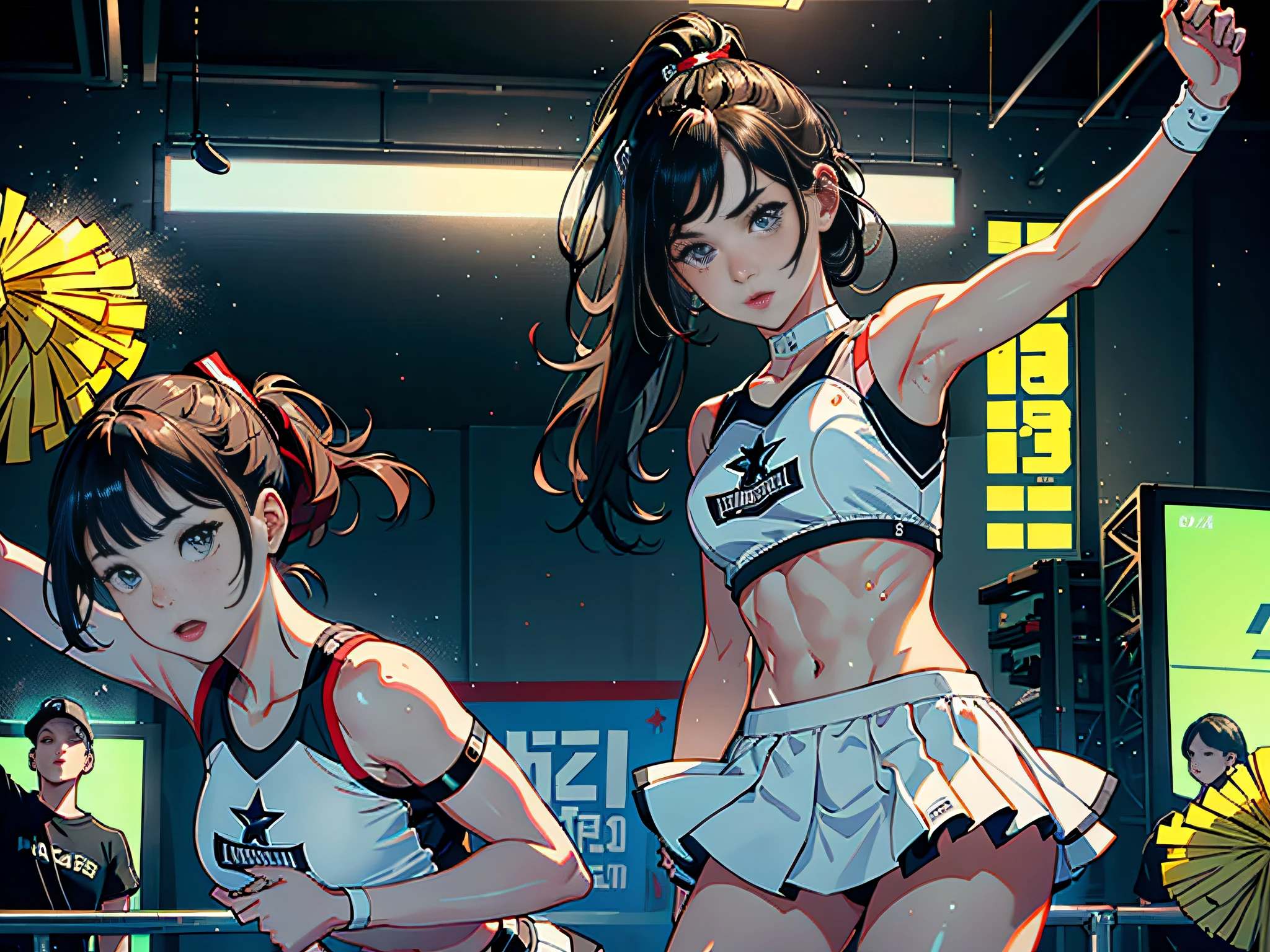 (Original), (Cheerleading), (Best Quality), (Masterpiece), Photographic Reality, Realistic, Very Detailed Illustrations, (1 Girl), Beautiful Eyes, (Delicate Face), Perfect Details, (Best Lighting), (Super Intricate Details), Cheerleading Dancing, Sweat, Heavy Breathing, (Cheerleading), Sports Short Skirt, Perfect Details, Perfect Fingers, Perfect Limbs, Impact, (Shiny Skin), Abs, Muscles, Waist Line, Sports Short Skirt, , Black Hair, High Ponytail, Very Long Hair, 4K unified, (ultra-fine CG: 1.2), (8K: 1.2), realistic, octane rendering