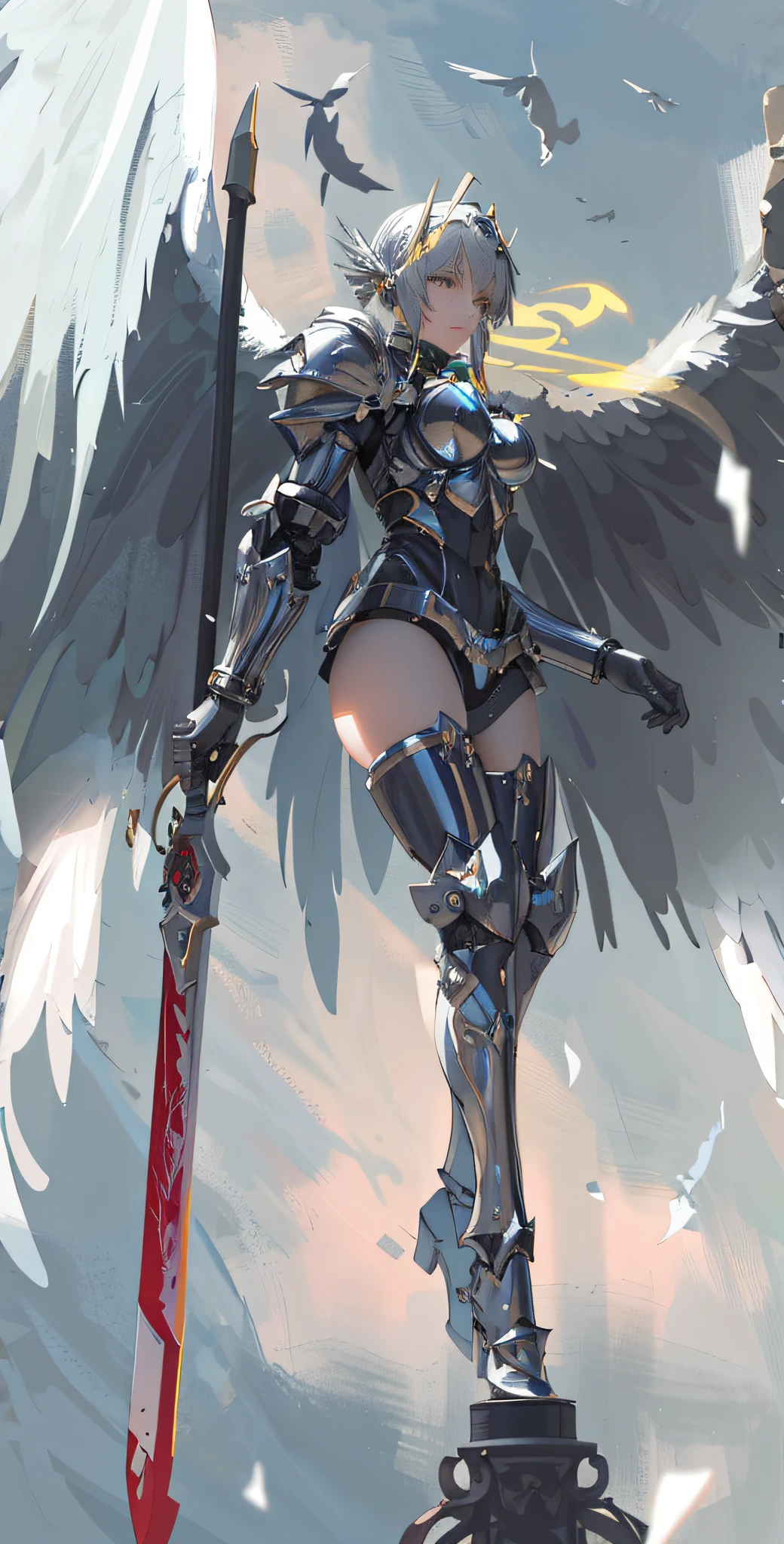 there is a woman with a sword and wings on a pedestal, angel knight girl, angel knight gothic girl, mechanized valkyrie girl, beautiful cyborg angel girl, angel in plastic armor, armor angle with wing, armor girl, as a mystical valkyrie, of a beautiful female knight, rossdraws 1. 0, mystical valkyrie, futuristic robot angel, female knight