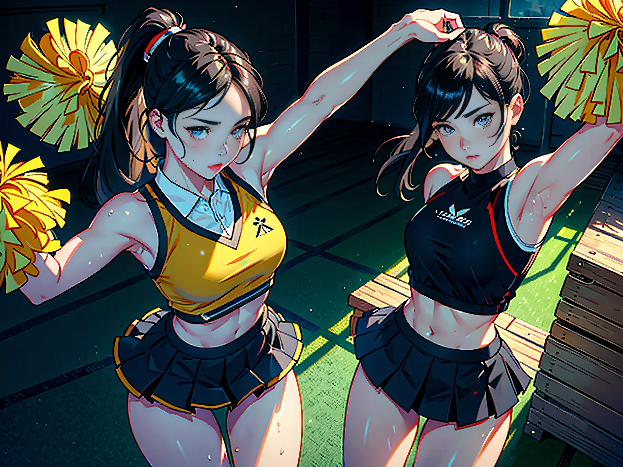 (Original), (Cheerleading), (Best Quality), (Masterpiece), Photographic Reality, Realistic, Very Detailed Illustrations, (1 Girl), Beautiful Eyes, (Delicate Face), Perfect Details, (Best Lighting), (Super Intricate Details), Cheerleading Dancing, Sweat, Heavy Breathing, (Cheerleading), Sports Short Skirt, Perfect Details, Perfect Fingers, Perfect Limbs, Impact, (Shiny Skin), Abs, Muscles, Waist Line, Sports Short Skirt, , Black Hair, High Ponytail, Very Long Hair, 4K unified, (ultra-fine CG: 1.2), (8K: 1.2), realistic, octane rendering