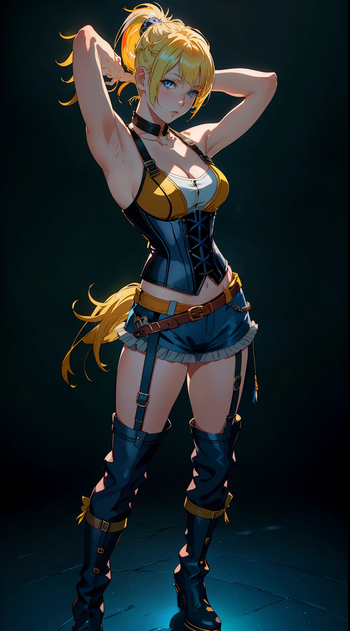Rikku, (yellow hair, messy ponytail and bangs, blue eyes, flat chest), wearing a sexy tight corset, fingerless gloves, shoulders showing, showing the linga, looking at viewer, lewd, sexy, blue boots, masterpiece, best quality, 8k, sharp focus, depth of field, best shadows, perfect lights, HDR, realistic skin texture, detailed, hyper detailed background, anime style, wideshot, Arms up (armpit), fantasy city