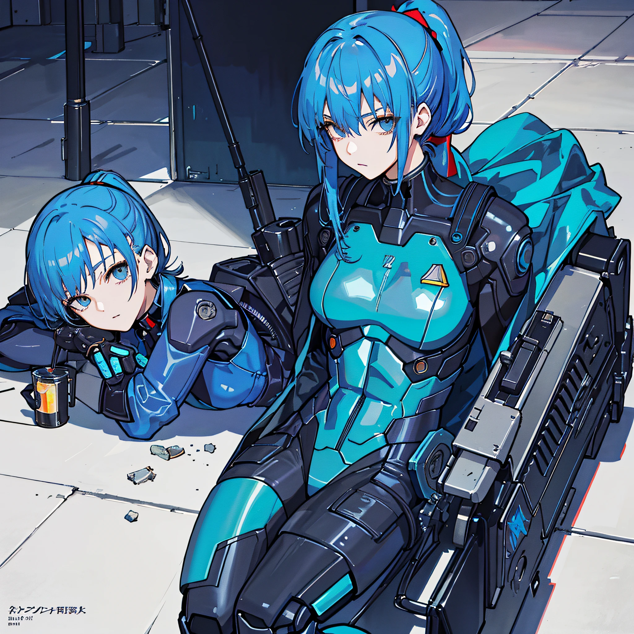 Blue Hair, Masterpiece, Best Quality, One Girl, Medium, (((Album Cover)), Light on Face, Slim Body, Blue Costume, Exoskeleton, Metal Gear, Cyberpunk Style, Ponytail, Gundam, She Lies Down and Indulges in Thoughts