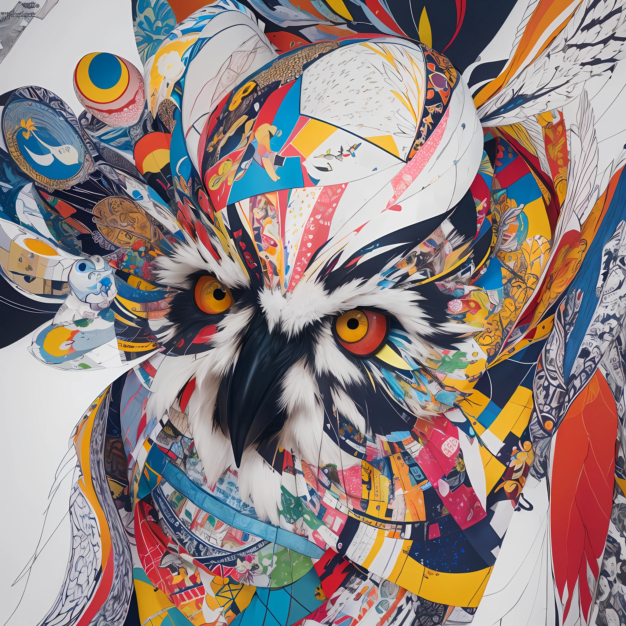 Abstraction, (White background: 1,4) Owl, the head consists of geomertic figures, figures of different colors, only the head