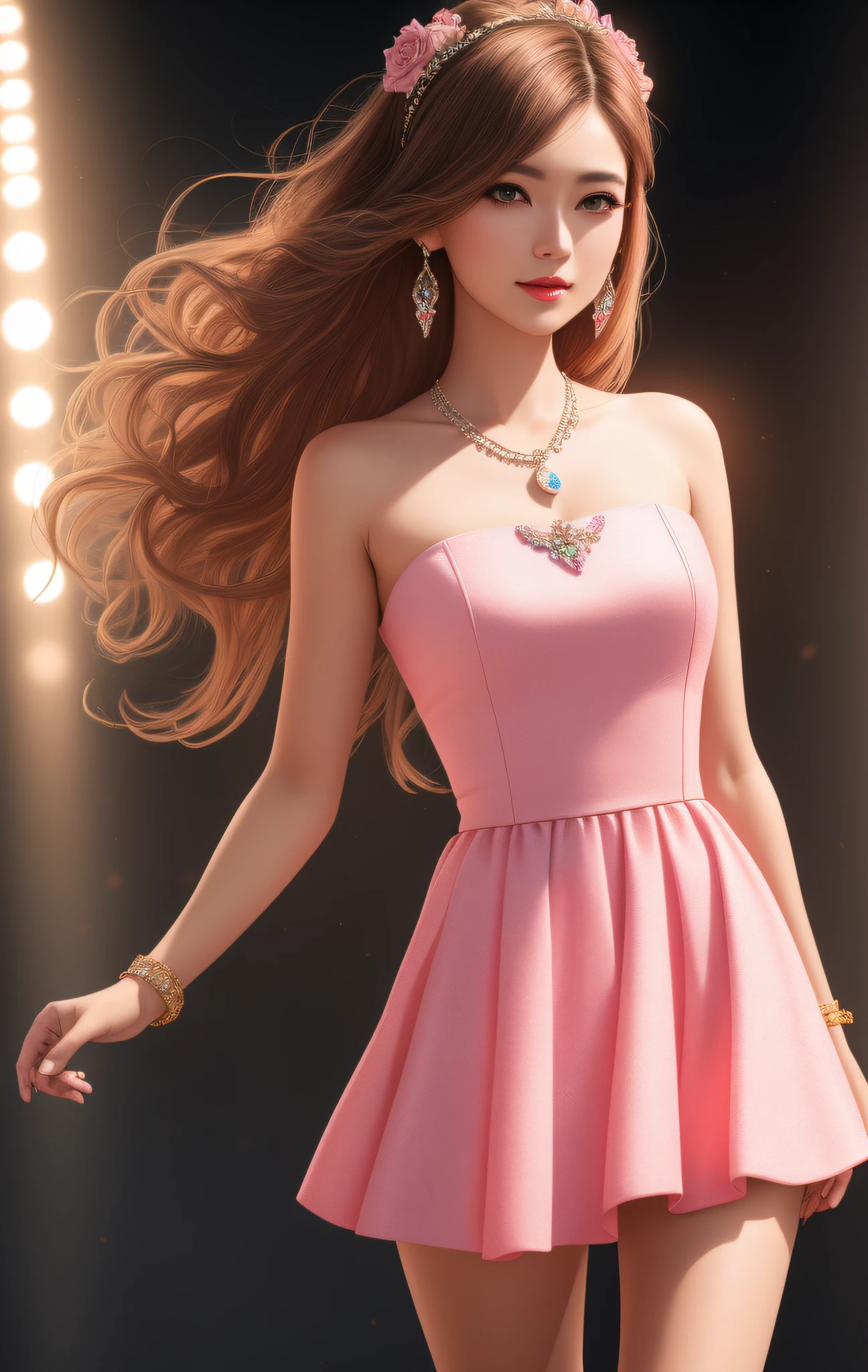 Best Quality, Masterpiece, High Resolution, 1 Girl, Porcelain Dress, Hair Accessories, Necklace, Jewelry, Beautiful Face, Physics, Tyndall Effect, Realistic, Dark Studio, Edge Lighting, Two-tone Lighting, (High Detail Skin: 1.2), 8k UHD, DSLR, Soft Light, High Quality, Volumetric Light, Voyeur, Photo, High Resolution, 4K, 8K, Background Blur, Bandeau, Full Body Long Legs, Pink Short Skirt, Refined Face