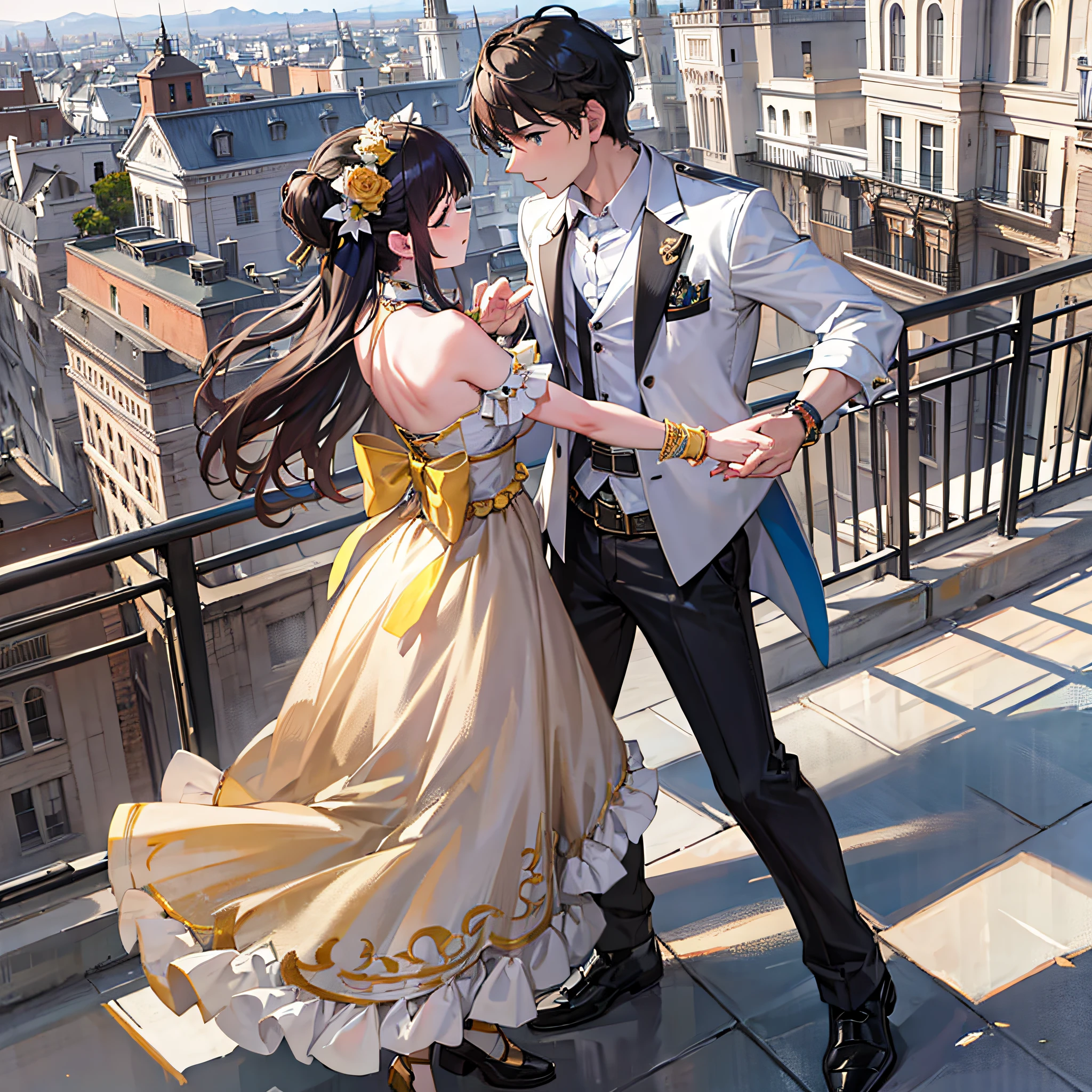 Generate an image of a couple dancing salsa on a terrace overlooking the city, with elegant clothes and synchronized movements --auto --s2