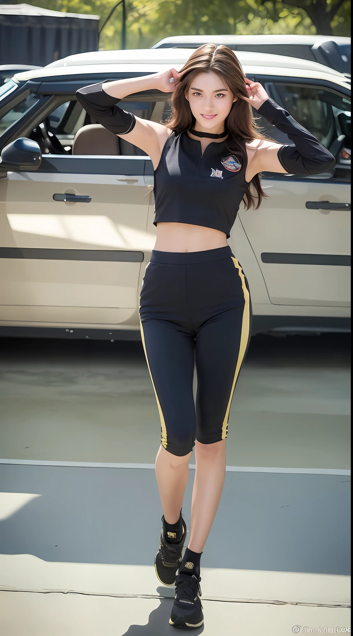 ((Best Quality, 8k, Masterpiece: 1.3)), 1 girl, smile, full body, slim face, pretty woman, (dark brown hair), military uniform: 1.1, (((sporty pose))), extra long legs, super detailed face, detailed eyes, double eyelids, tank, blurred background, slim face, battlefield background, particles, full body,