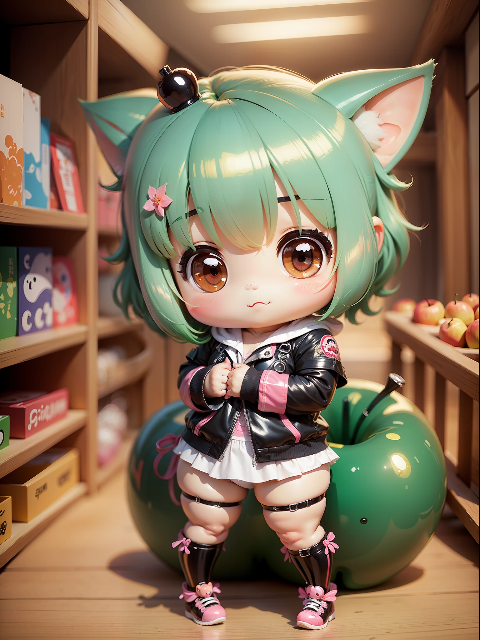 full body, cute, (pudgy), a lovely japanese (chibi:1.3) anime apple glrl, short hair, cute girl face, PVC,