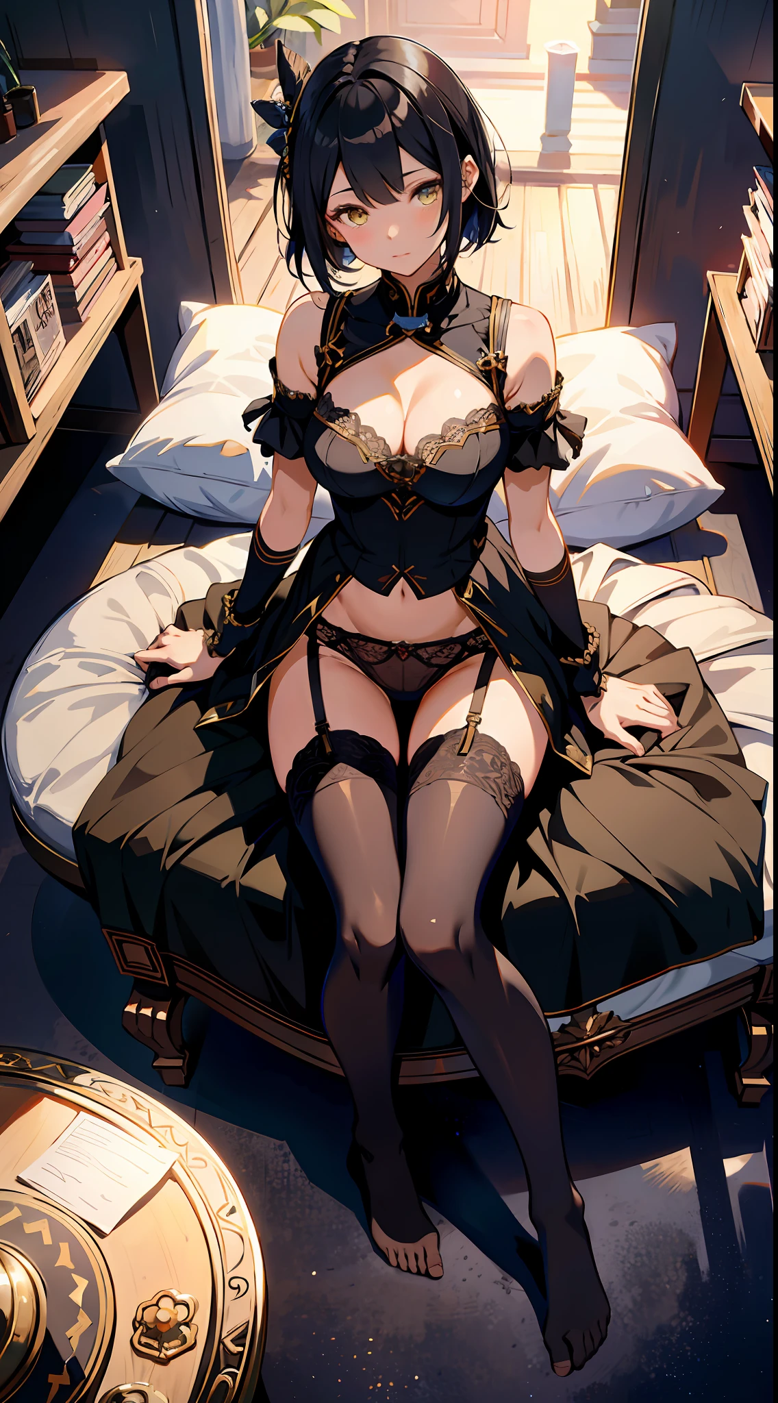 absurd res, high res, (masterpiece:1.4), ultra-detailed, 1girl, from above, space, floating, Chinese underwear, black panty, stockings, black hair, yellow eyes, lingerie revealing, lingerie only, lace panties, lace panty, garter belt, fully visible panty, big breasts, revealing cleavage, full body, from front, from above, from rear, cute panty, short hair, long hair, bare feet, feet in pantyhose