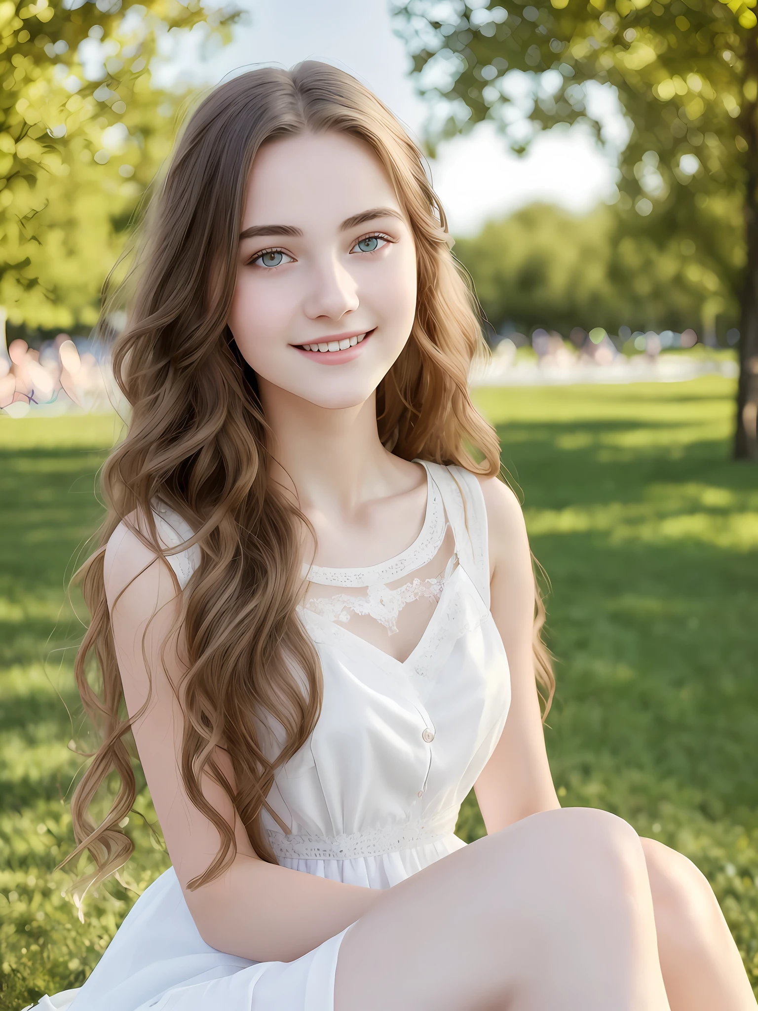 (realistic:1.3), (masterpiece), (best quality), 8k RAW photo, ultra highres, beautiful girl, 17 years old, cute, beautiful face, long hair, detailed eyes, smiling, white dress, delicate feet, realistic skin texture, sitting on bunch, park, crowd, perfect lighting, beautiful sky